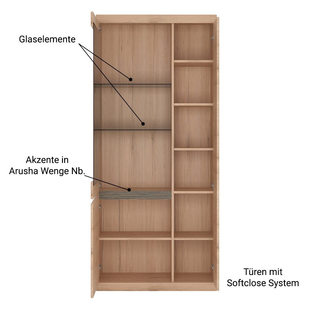 Lomadox Vitrine SANFORD-129 San Remo Eiche hell Nb., Glasbodenbeleuchtung, B/H/T: 86/196,5/40 cm