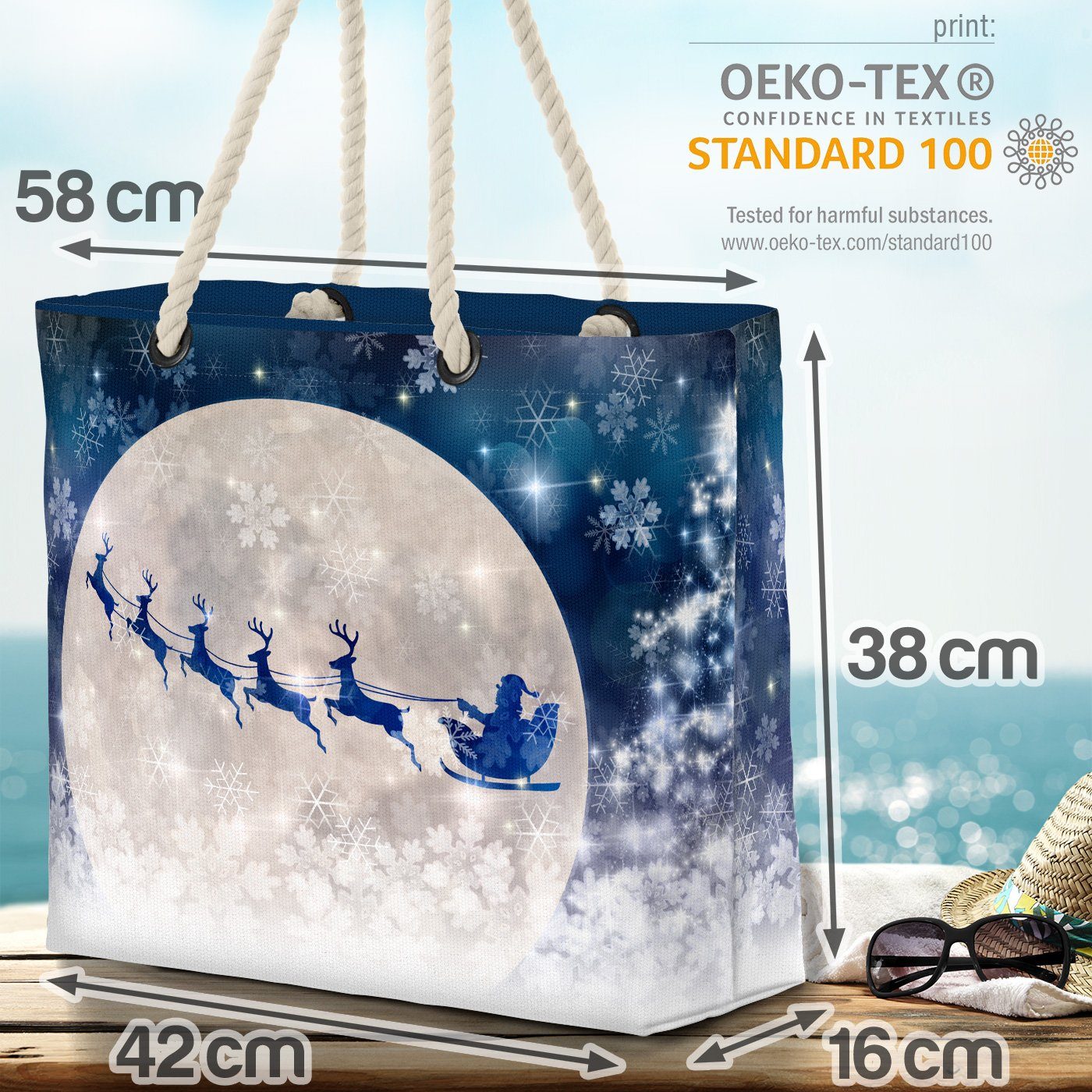 Nikolaus Winter Schlitten Weihnachtsmann Mond (1-tlg), Mond Weihnachten Bag Winter Beach Strandtasche VOID