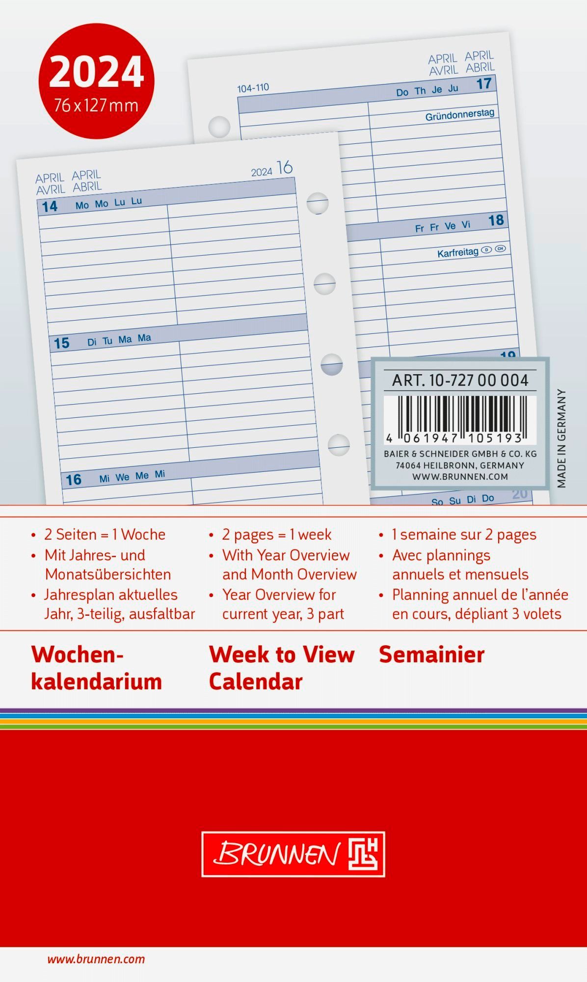 BRUNNEN Taschenkalender BRUNNEN Kalender 2024 Timer Einlage MINI+ 