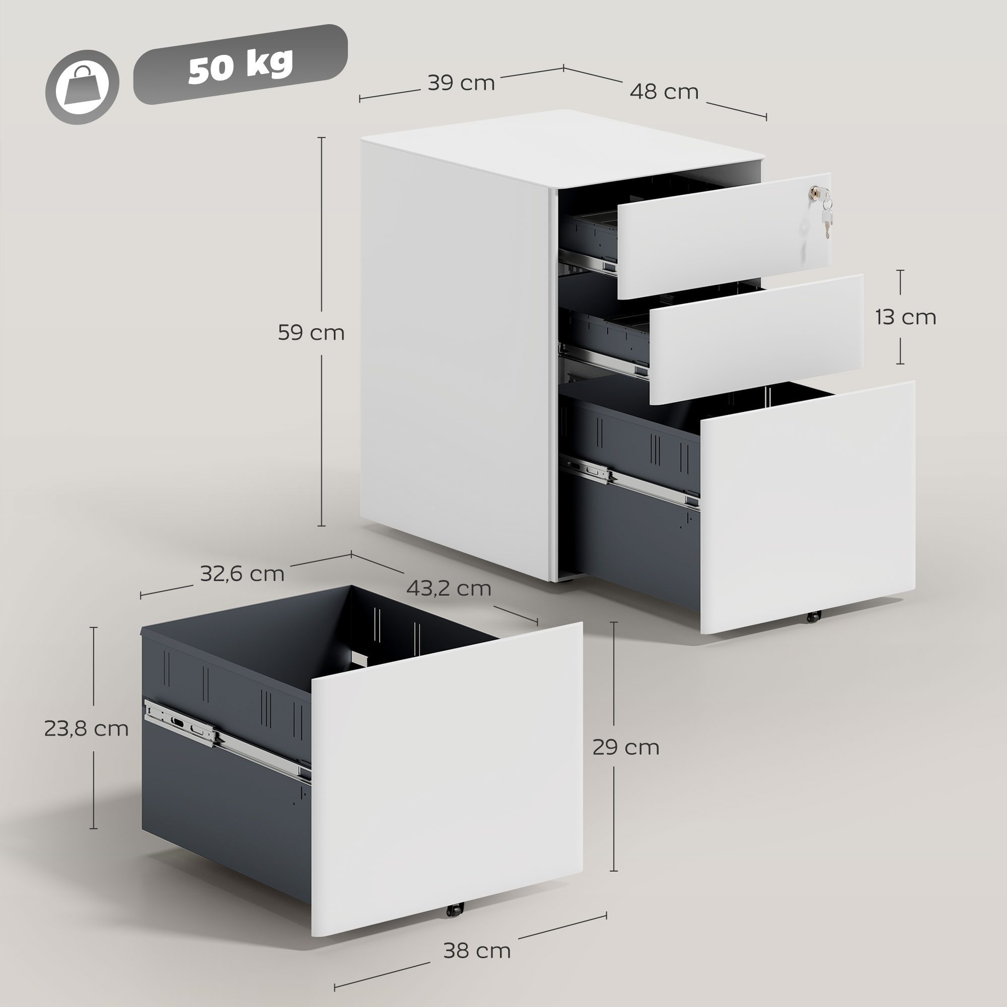 Vinsetto Rollcontainer Rollcontainer mit 3 Schubladen mobiler Aktenschrank mit Rollen, (Aufbewahrungsschrank, 1 St., Büroschrank), Stahl, Weiß, 39 x 48 x 59 cm