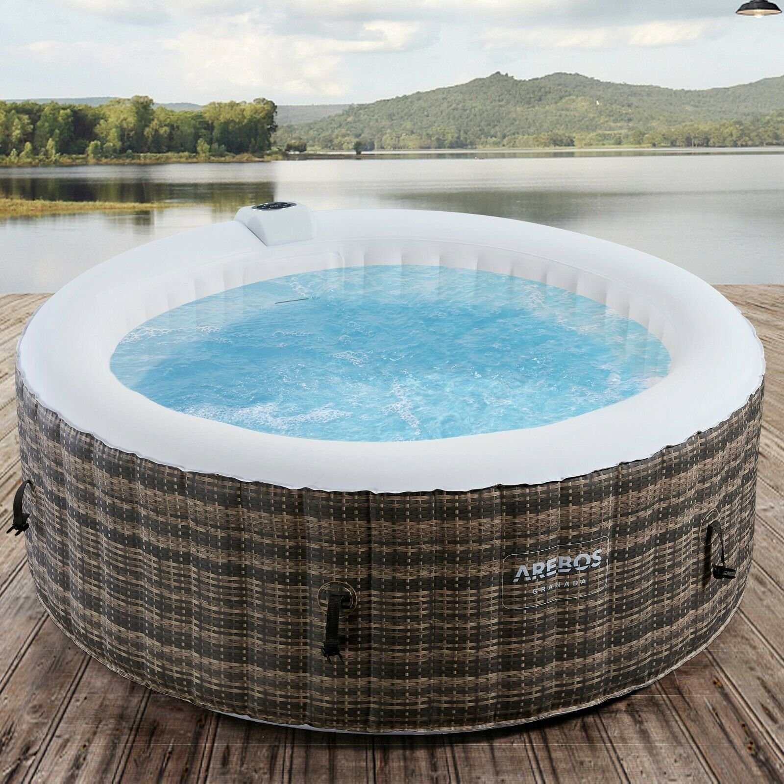 Arebos Whirlpool », Aufblasbar, Innen- und Außenbereich, 4 Personen, 180cm, Rattan, 100 Massageköpfe, mit Heizung, 800 Liter, Einschließlich der…