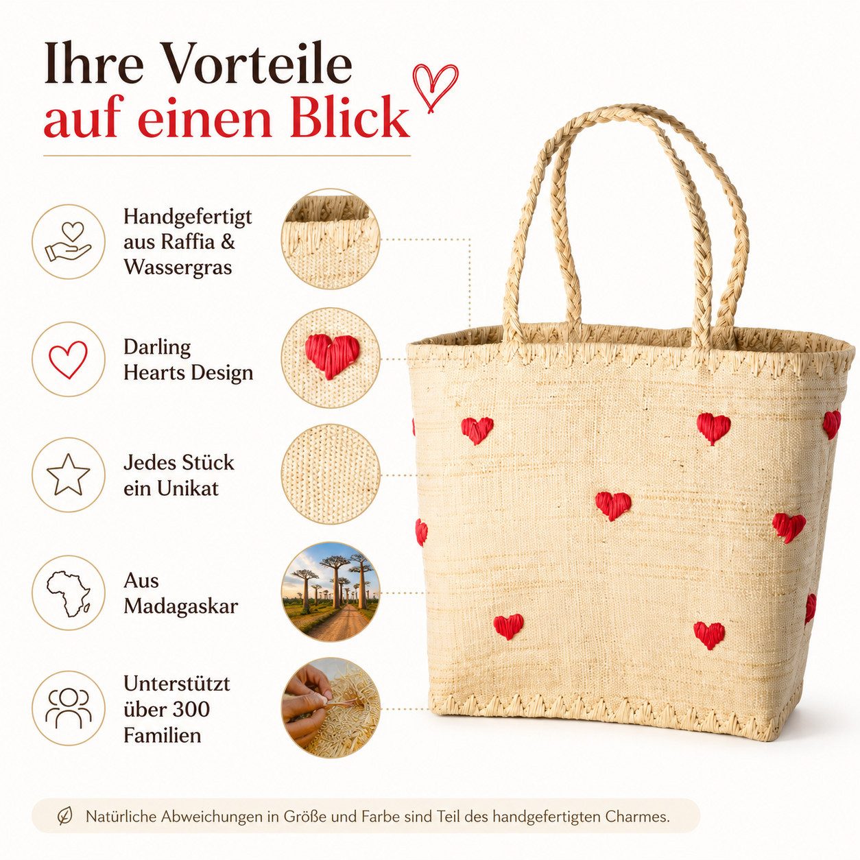 rice Basttasche Rice Raffia Tasche mit Herz Design, handgefertigt, Natur/Rot (1-tlg., Raffia Tasche)