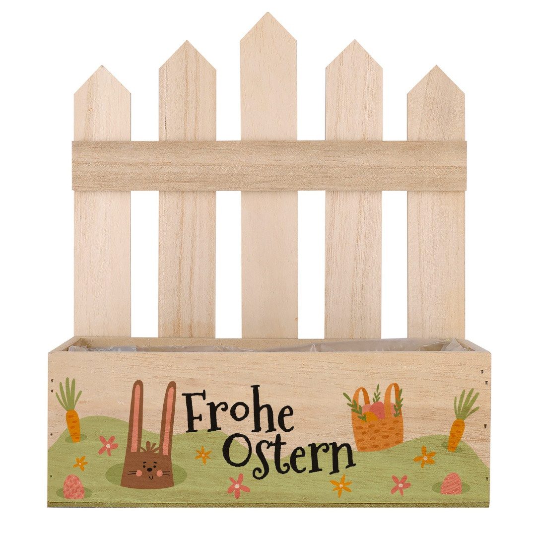 Herz & Heim Geschenkbox zu Ostern mit Zaun - Oster Pflanzkorb aus Holz als Osterkorb, mit Folie ausgekleidet