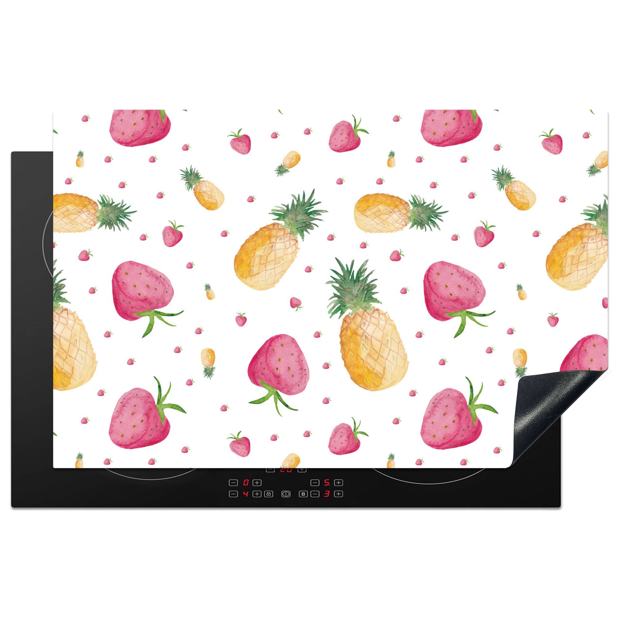 MuchoWow Herdblende-/Abdeckplatte Ananas - Erdbeeren - Schablonen, Vinyl, (1 tlg), 81x52 cm, Induktionskochfeld Schutz für die küche, Ceranfeldabdeckung