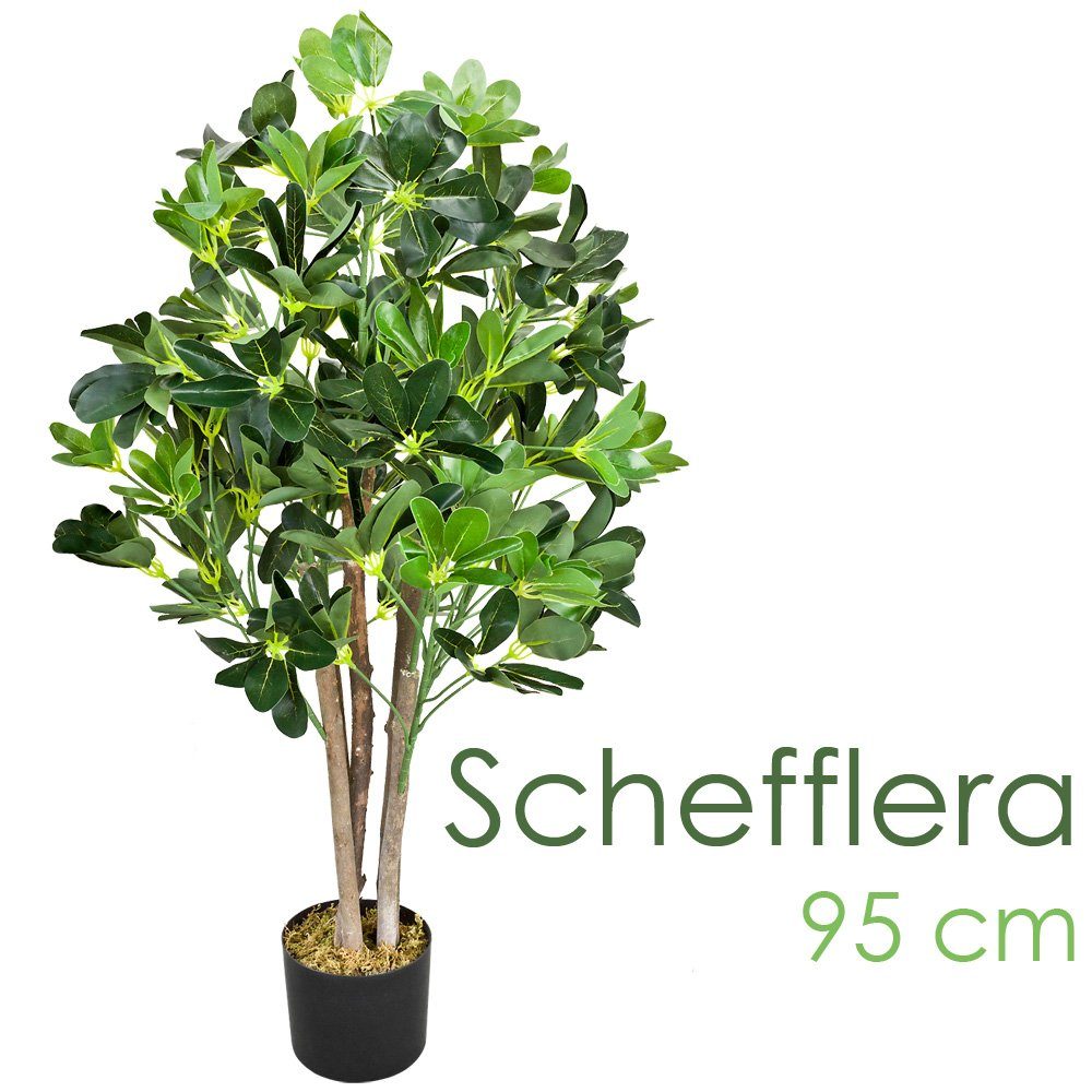 Kunstbaum Schefflera Aralie Künstliche Pflanze Strahlenaralie 95cm Echtholz Deko, Decovego