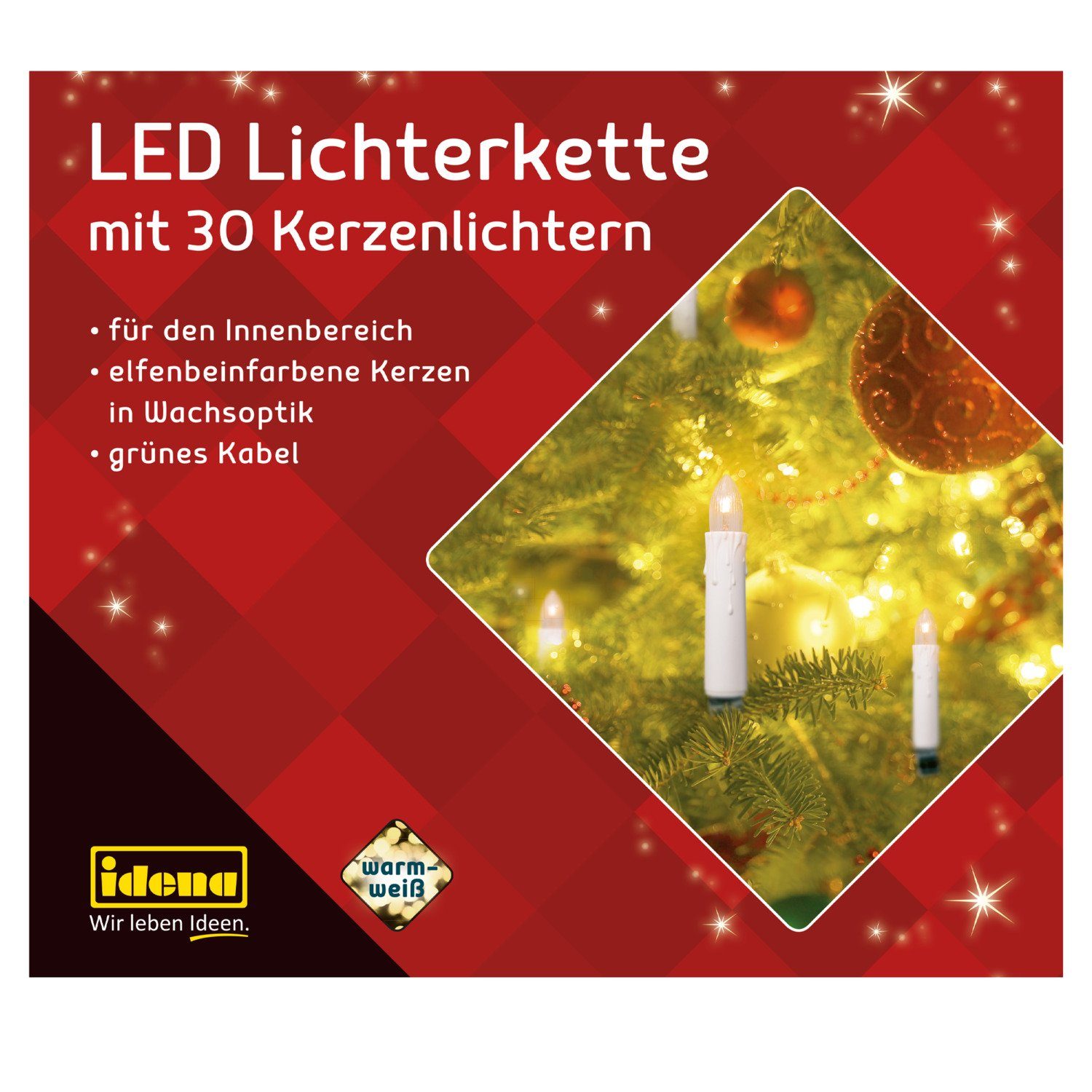Idena LED-Lichterkette Idena 38192 - LED Kerzen Lichterkette mit 30 LEDs in Warmweiß, elfenbe