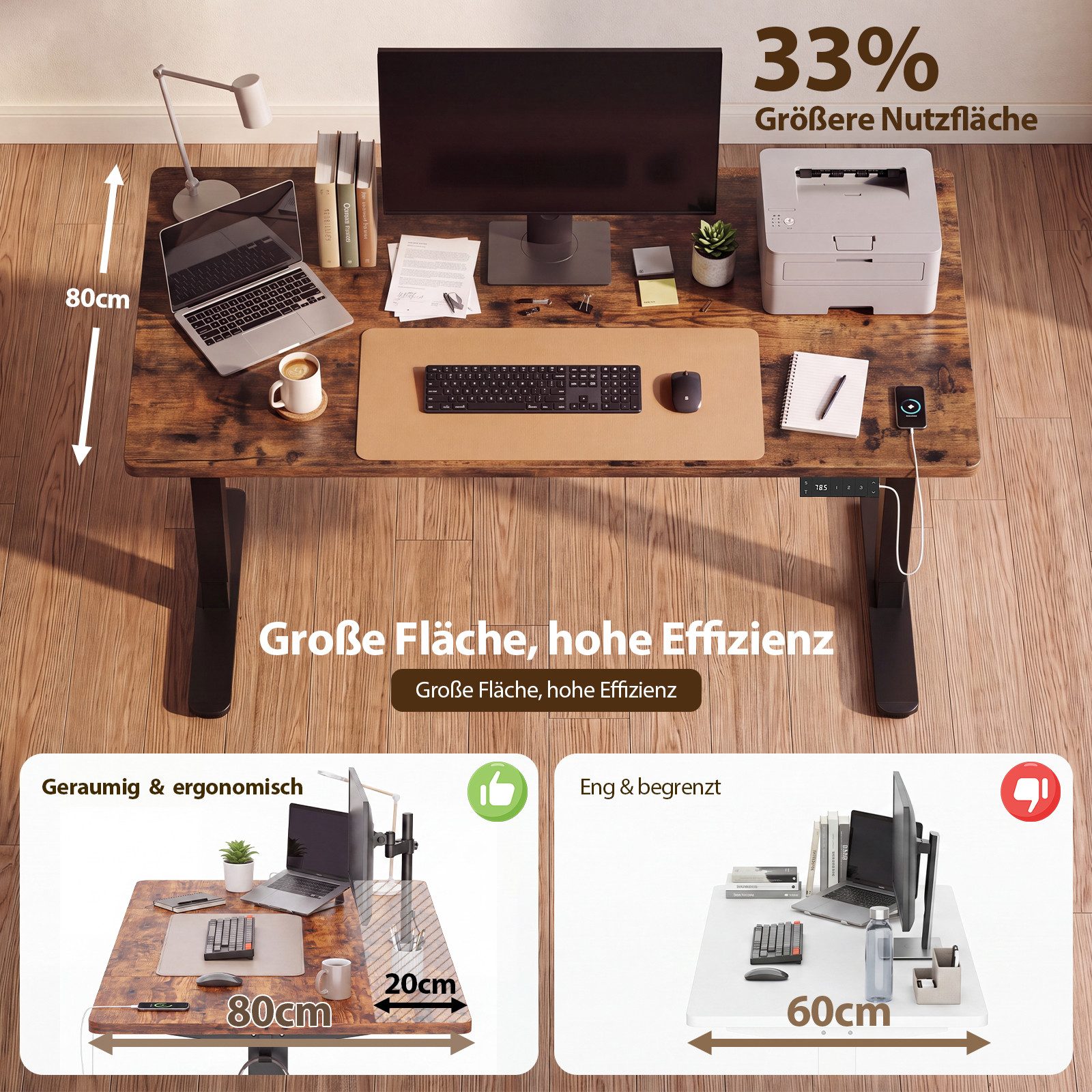 HOMALL Schreibtisch Höhenverstellbarer Schreibtisch mit 3 Höhen-Speicherfunktionen (Mehrere GrdBen 120/140/160/180/200 cm mit 1 USB-Ladanschlus Tischplate mit einerTiefe von 80 cm Der Tisch besteht aus ver Tischplaten)