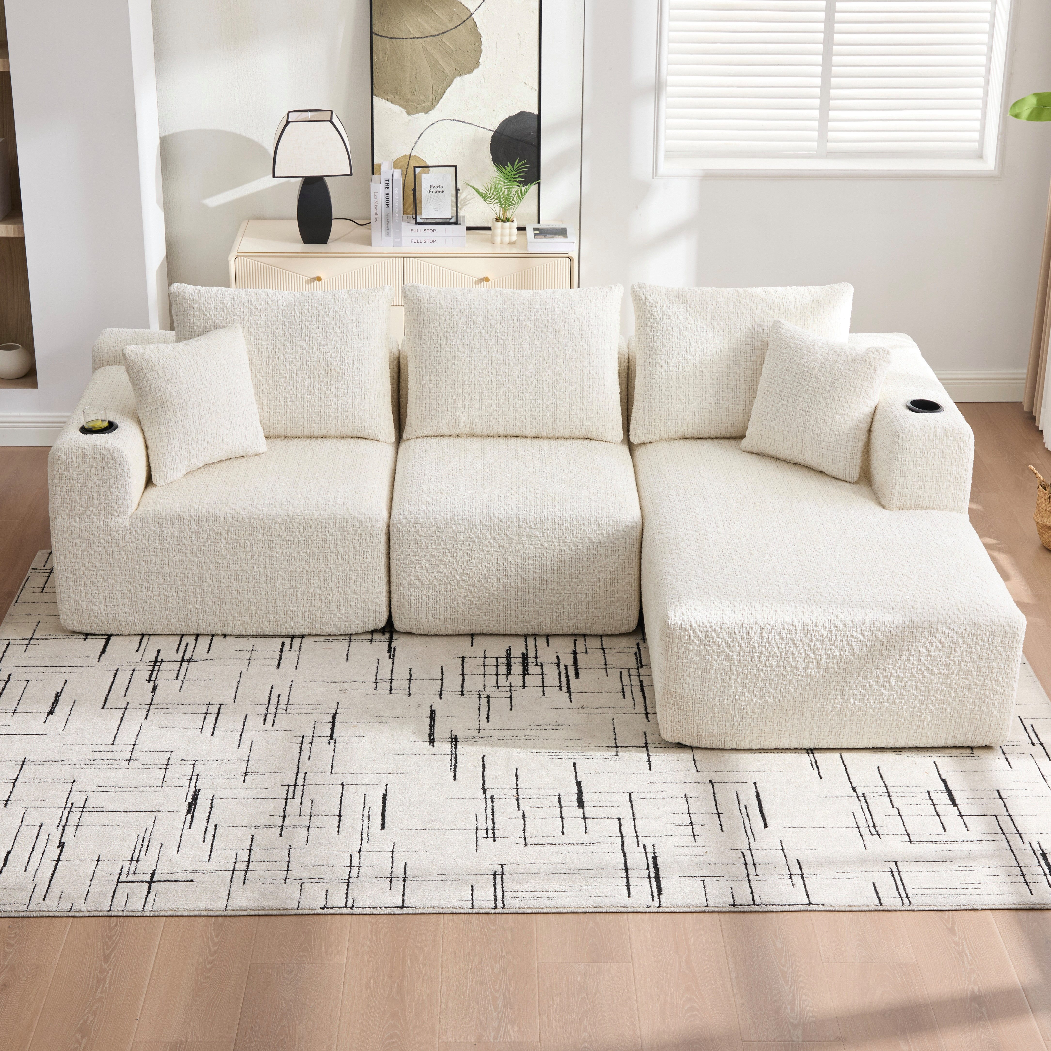 Odikalo Ecksofa 3-Sitzer Sofas wohnzimmer mit schlaffunktion Getränkehalter, 102'' Komprimiertes modulares Ecksofa Grau knochenlos L-förmig mit tiefer Sitzfläche keine Montage – Maße: 261×165×80.5 cm