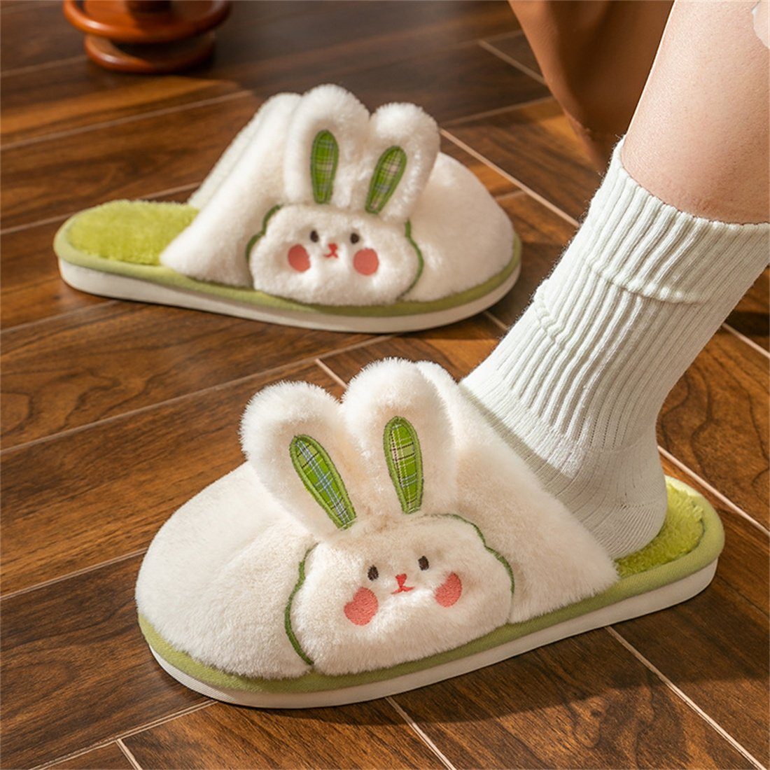 DÖRÖY Frauen Kaninchen rutschfeste Baumwolle Hausschuhe,warme Plüsch Schuhe. Plüsch Hausschuhe grün | Plüschhausschuhe