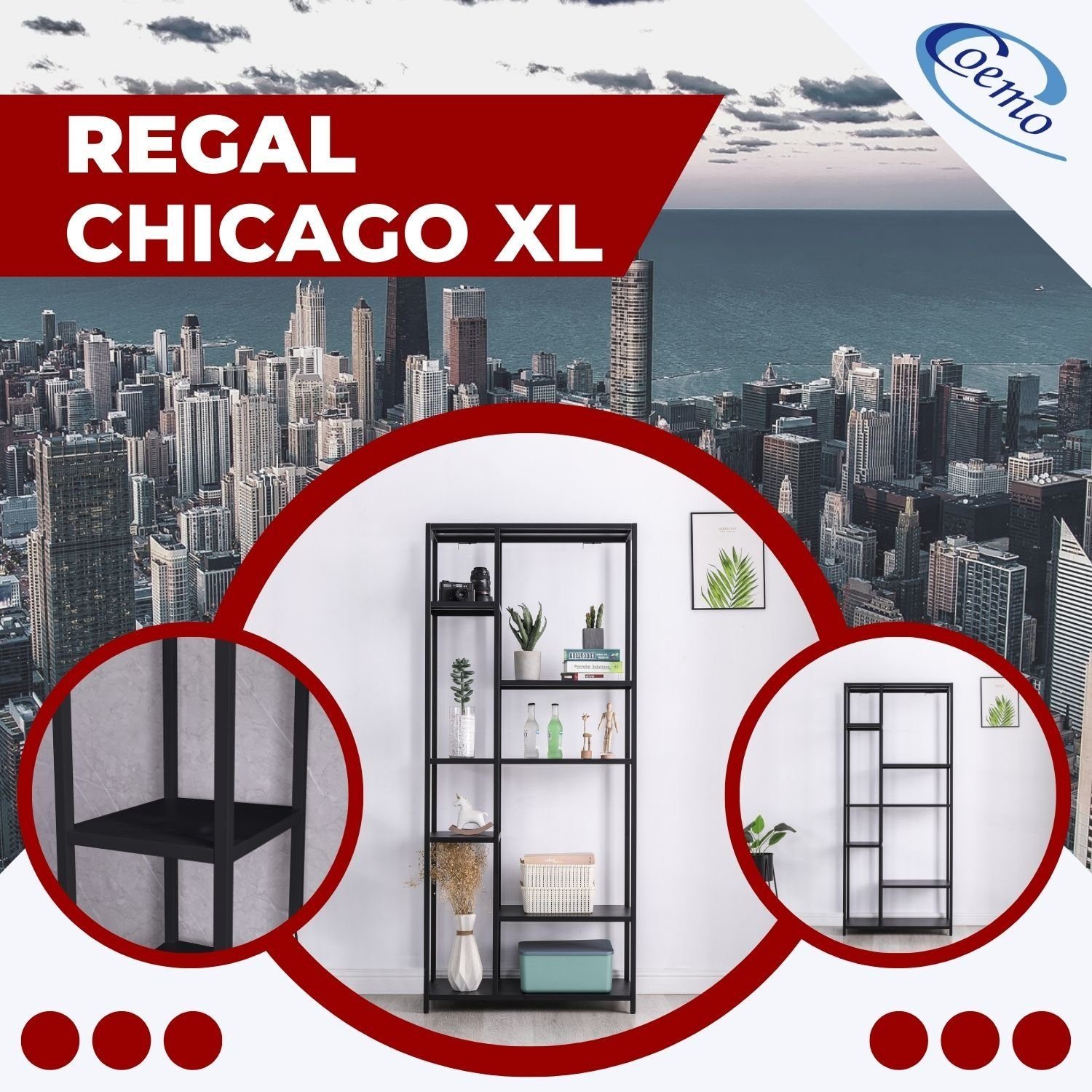 Coemo Regal, 6 Fächern, Stahl-Ausführung XL aus Schwarz Regal mit Chicago Metall elegante