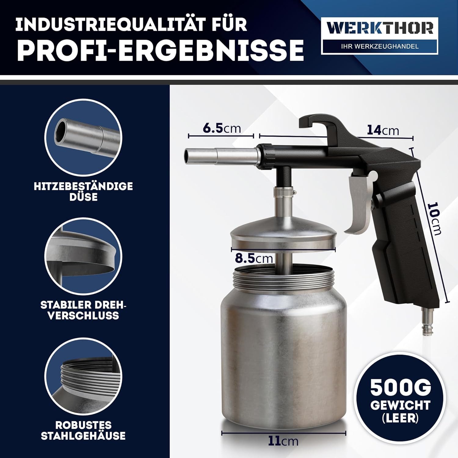 Werkthor Sandstrahlpistole Sandstrahlpistole Druckluft mit 1L Becher – Sandstrahlgerät 4-8 Bar