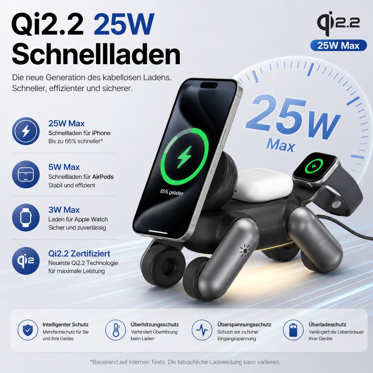 Toomoke 4-in-1 Qi2.2 Ladestation 25W mit LED-Nachtlicht, kabelloses Ladegerät Ladestation (25W Qi2.2 Schnellladung, magnetische Wireless Charger Station kompatibel, mit iPhone 17–12 Serie, Apple Watch und AirPods, für iPhone, Apple Watch und AirPods, faltbare Wireless Charger Station)