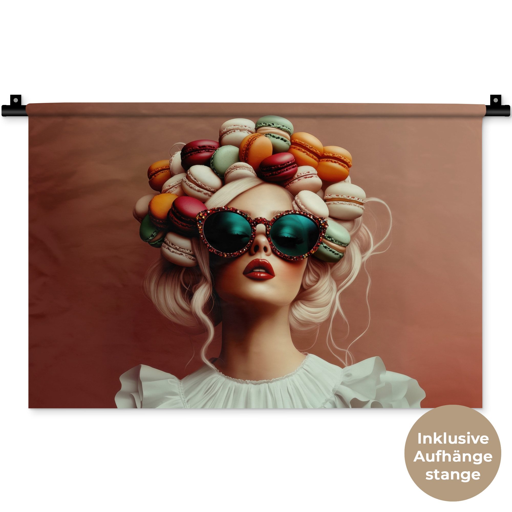 MuchoWow Wandteppich Frau - Makronen - Brille, Rechteckig, Höhe: 3 mm, Wandteppich für Wohnzimmer, Schlafzimmer, 60x40 cm