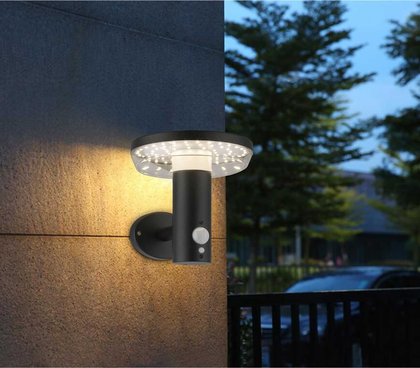 Kiom Außen-Wandleuchte Solar Wandleuchte Piran schwarz Sensor 600 lm,  Bewegungsmelder und Dauerlicht, LED, LED-Leuchtmittel fest verbaut, warmweiß