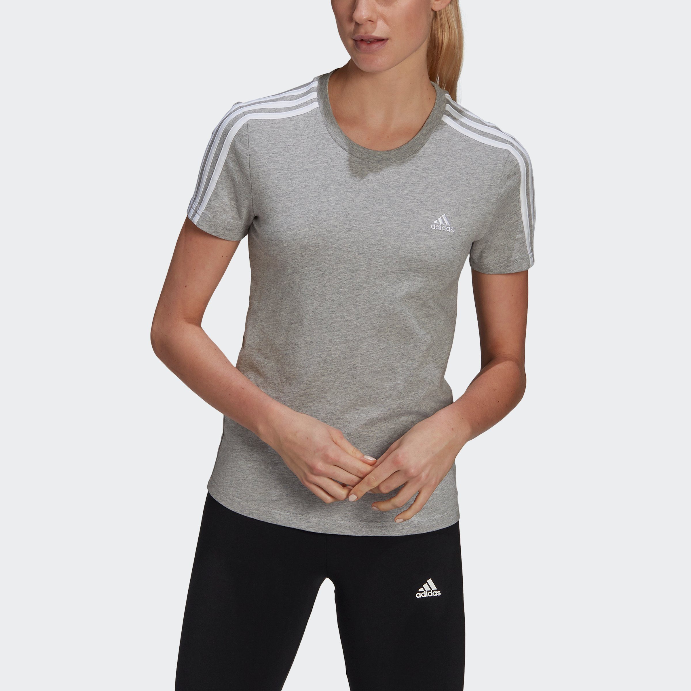 adidas Sportswear T-Shirt LOUNGEWEAR ESSENTIALS SLIM 3-STREIFEN Medium Grey Heather / White