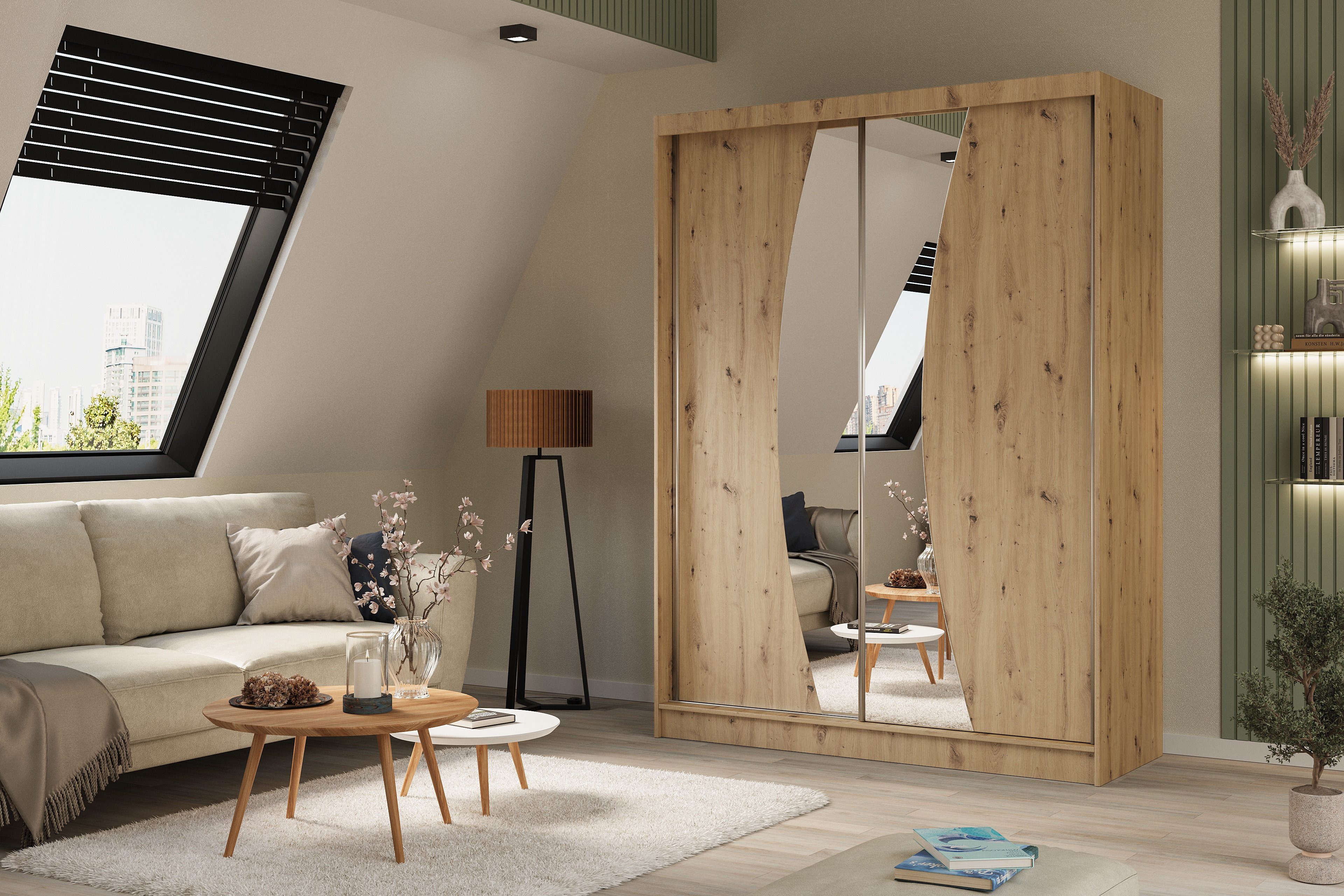 ALTDECOR Schiebetürenschrank VOXI (Kleiderschrank Garderobenschrank mit viel Stauraum Moderner Schrank) Spiegel Spiegeltüren Vielseitiger Schwebetürenschrank LED Beleuchtung