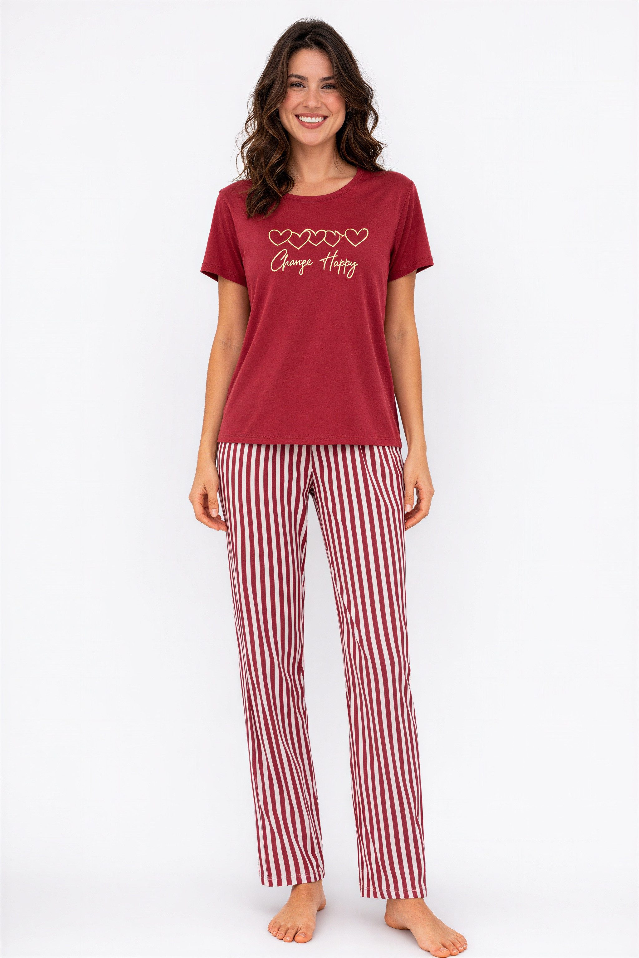 fashionshowcase Pyjama Damen Hausanzug - Schlafanzug mit T-Shirt & langer Hose, 3 Designs (2 tlg., 2-teiliges Set) Print auf dem Oberteil, gestreifte oder gemusterte Hose