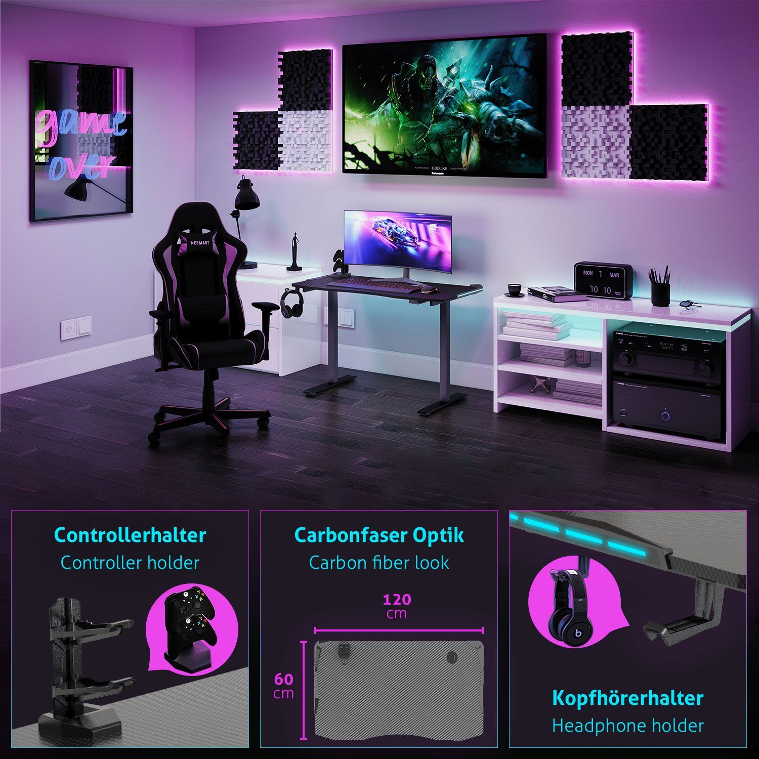 ESMART Gamingtisch GSX-121 elektrisch höhenverstellbarer Gaming Schreibtisch 120 x 60 cm