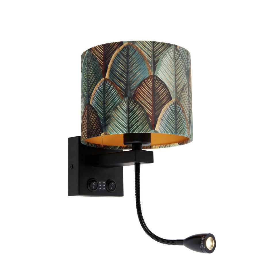 Qazqa Wandleuchte Brescia combi shade, ohne Leuchtmittel, E27, Grün, Klassisch / Antik, Velours, 1-flammig