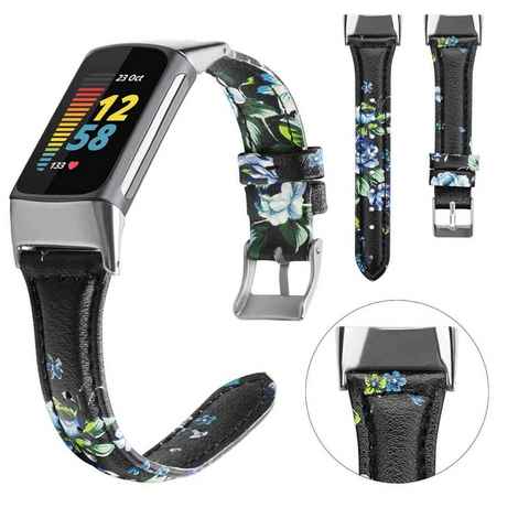 Wigento Smartwatch-Armband Für Fitbit Charge 6 / 5 Leder Watch Armband Muster 4 Frauen Größe S