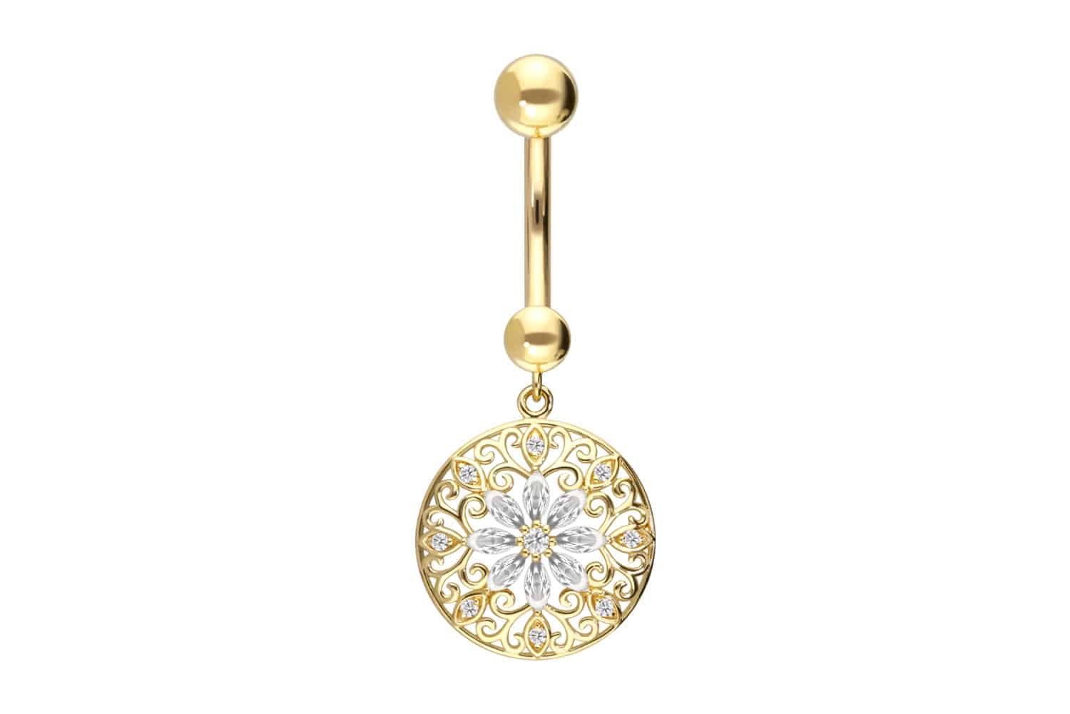 PIERCINGLINE Bauchnabelpiercing 18 Karat Gold Bananabell MOISSANIT-BLUME + MANDALA (Bananabells, 1-tlg)