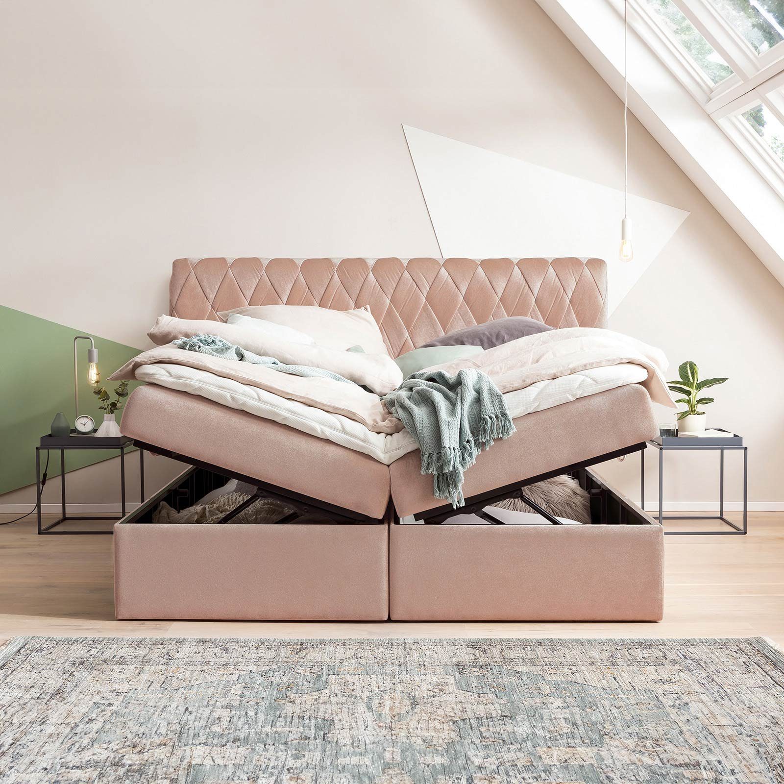 BettCo Stauraumbett Boxspringbett mit Bettkasten Lyon (in Rose Samt, 140 x 200 cm), XXL Bettkasten, Gleiterfüße, Topper optional