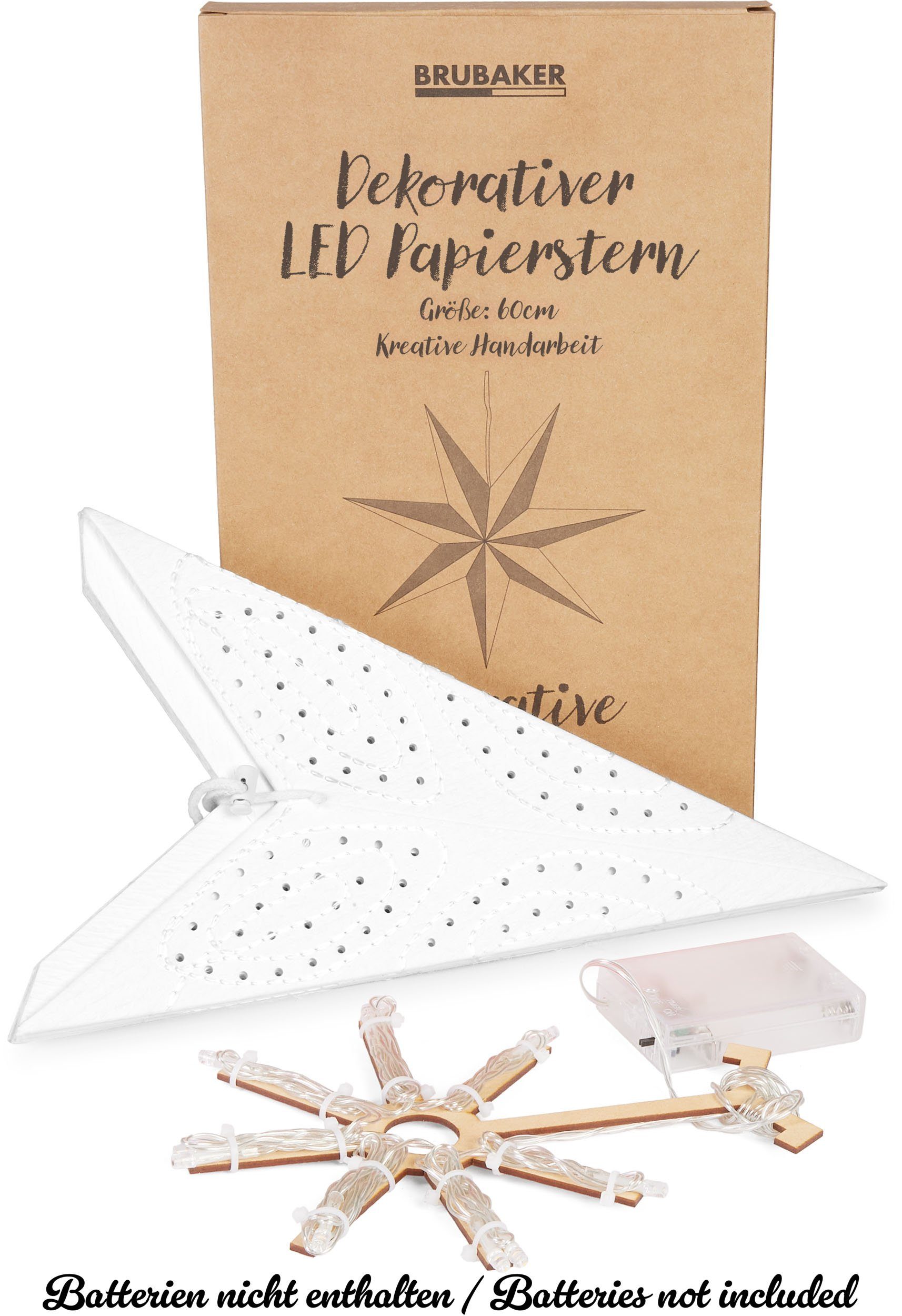 BRUBAKER LED Stern 60 cm Papier Weihnachtsstern zum Aufhängen - LED Adventsstern, Hängender Leuchtstern - Beleuchtbar mit Batterie, LED fest integriert, Warmwei – Bild 4 von 5