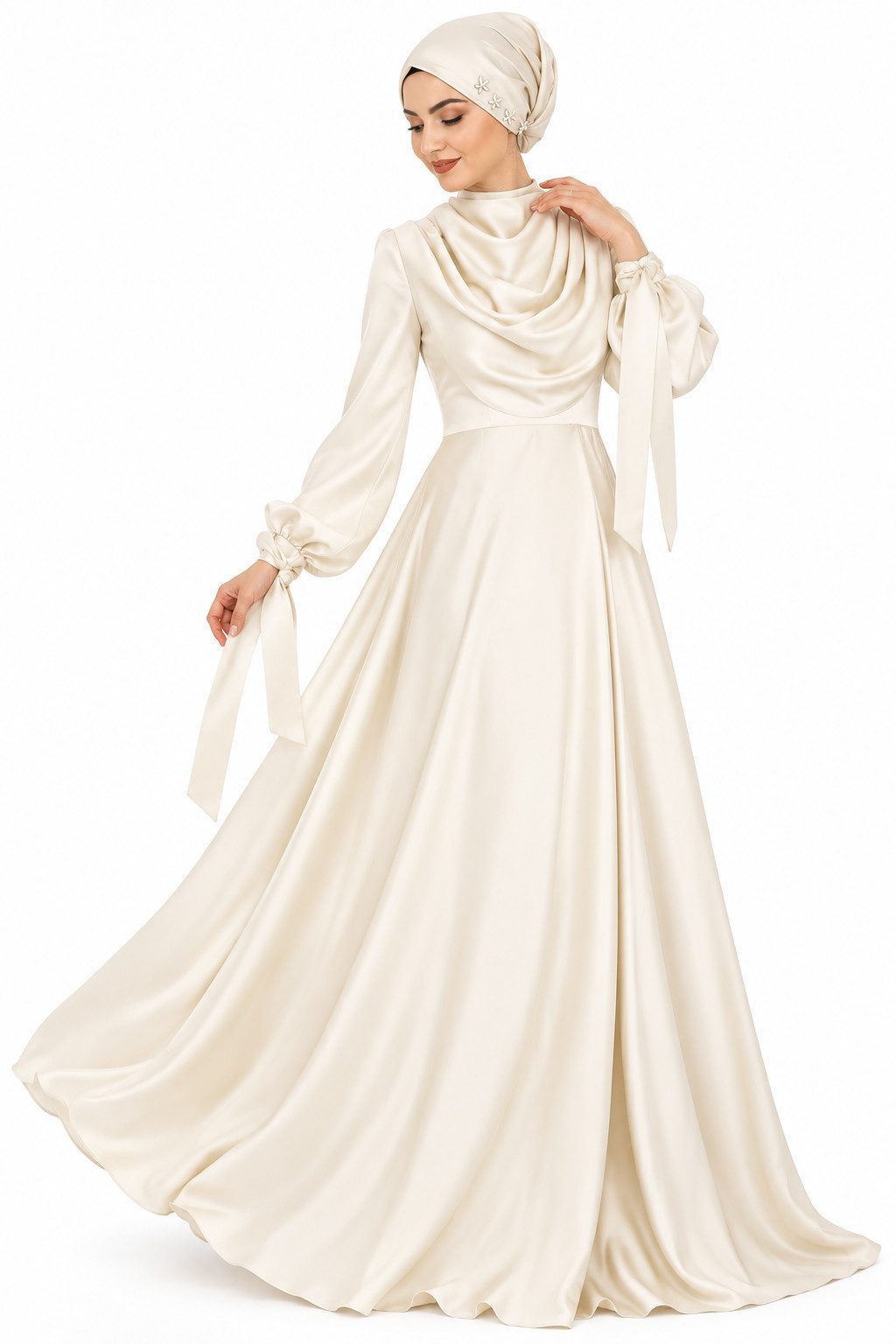 fashionshowcase Abendkleid Damen Maxikleid Satinkleid langarm Modest Fashion