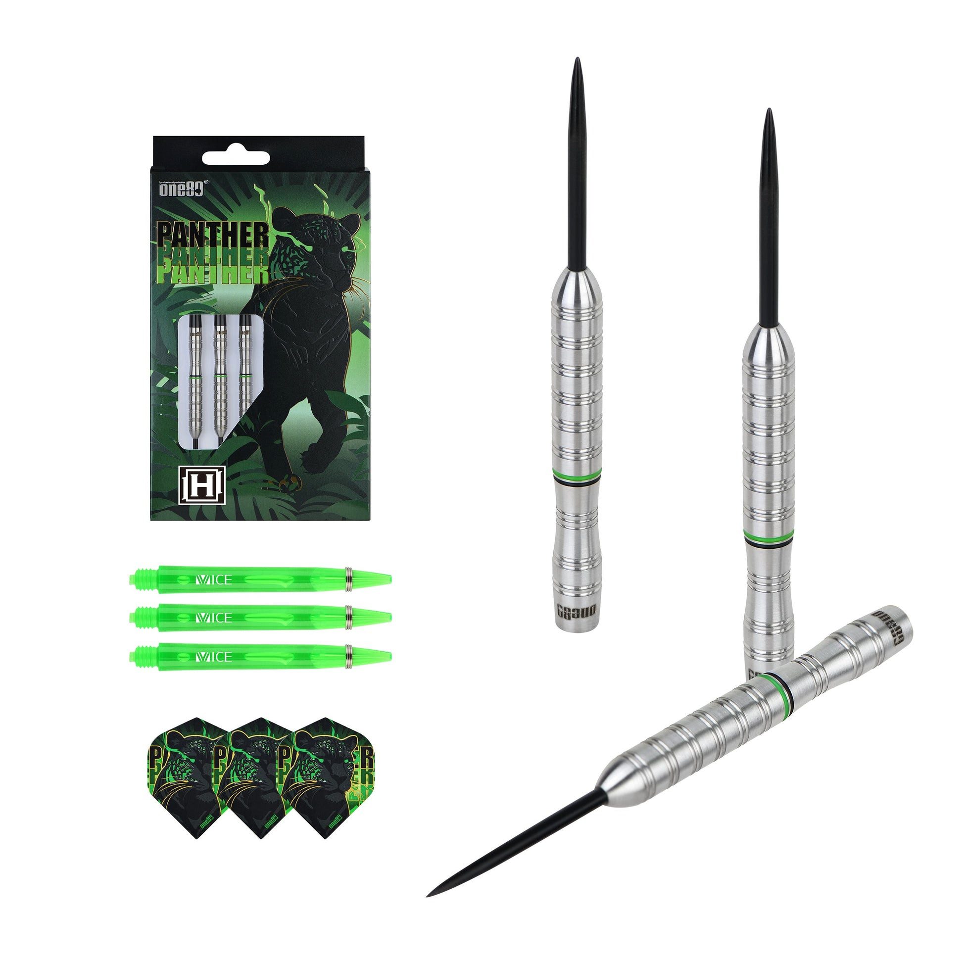 one80 Dartpfeil Panther-H Steeldarts 21g Tungsten Schwarz-Silber-Grün, Set enthält 3 Barrels, 6 Schäfte und 3 Flights für den Dartbereich