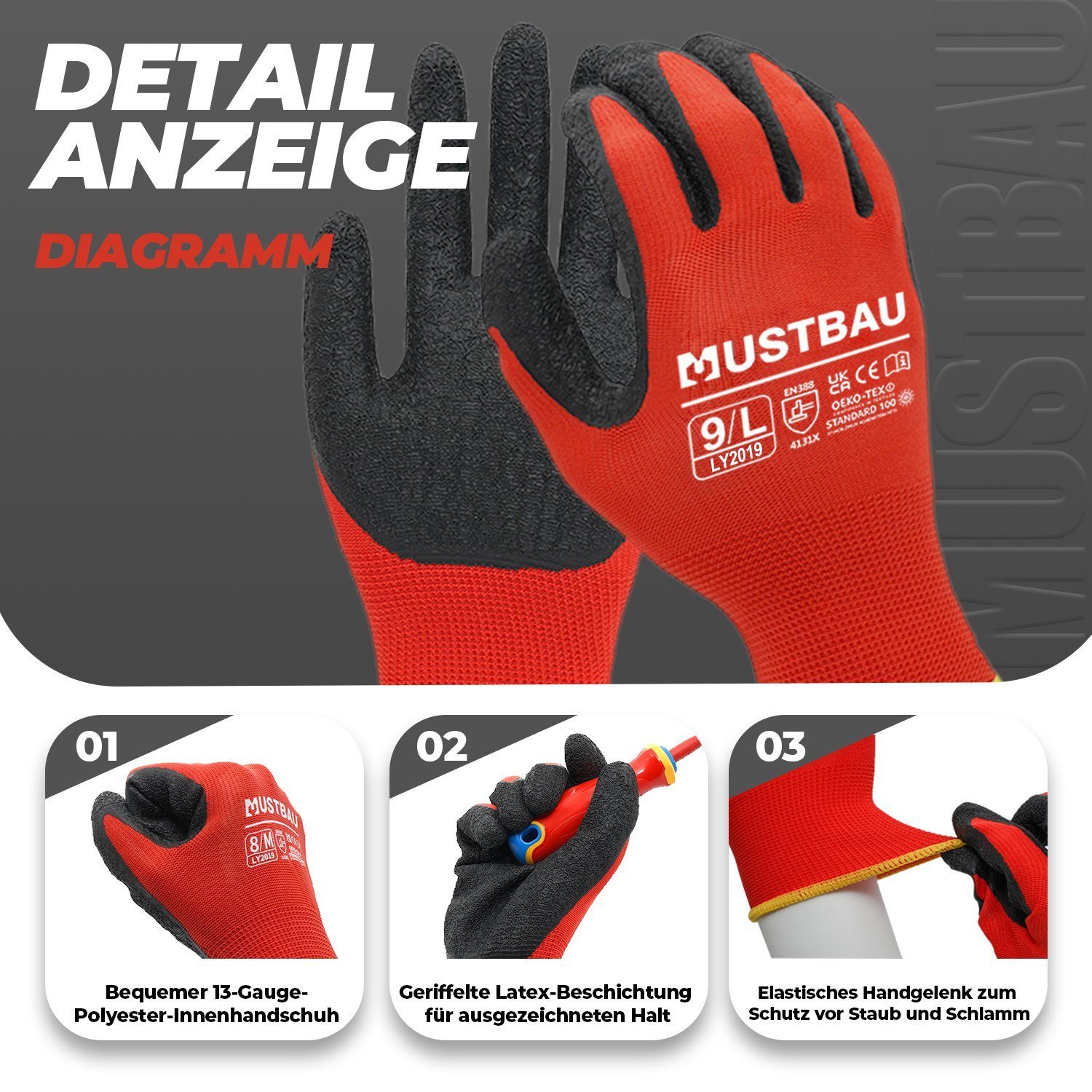 Mustbau Arbeitshandschuhe (3-St) Gartenhandschuhe Montagehandschuhe,12/6/3 Pack,Größe:S/M/L/XL