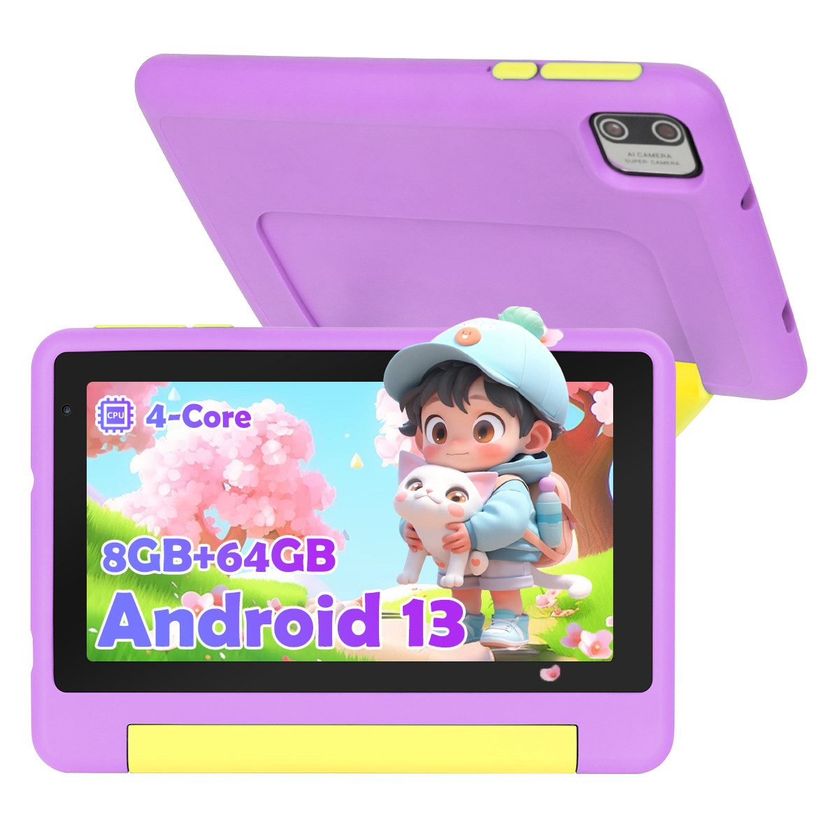 BUFO 7 Zoll Kindersicherung 64GB ROM+128GB Erweiterbar Android 13 HD Kinder Tablet (7", 64 GB, Android 13, WiFi, Robustes Tablet für Kinder mit Schutzhülle & Elternkontrolle)
