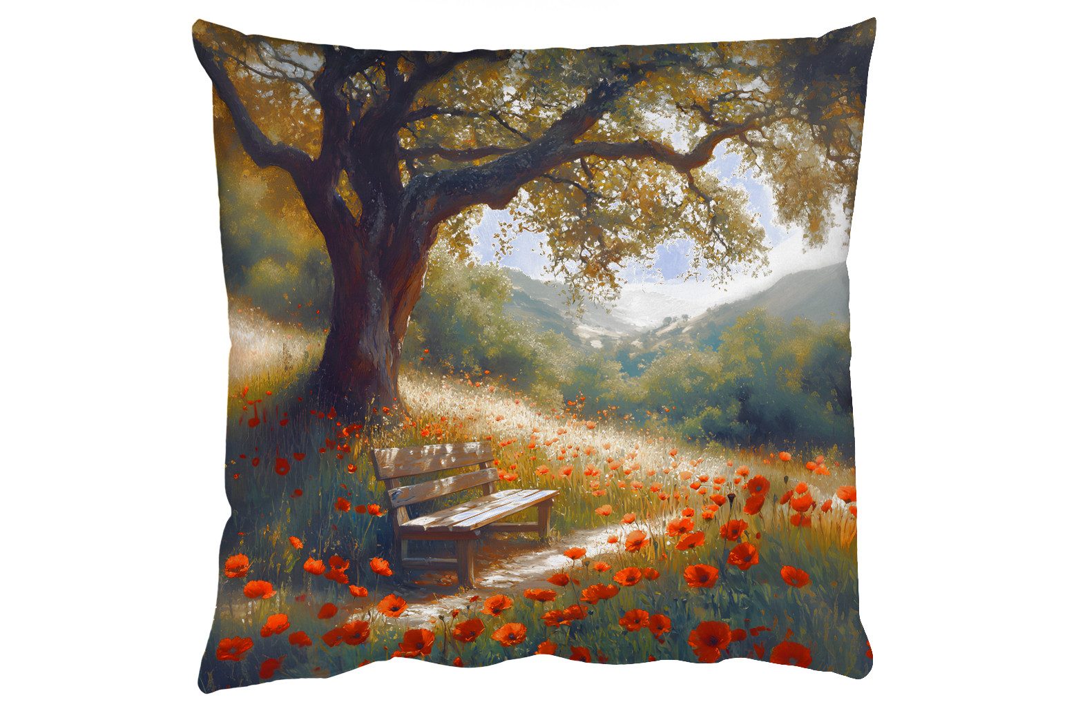 MuchoWow Dekokissen Bank - Baum - Mohnblumen - Hügel, Zierkissen mit Füllung und Bezug, Sofakissen, 45x45 cm