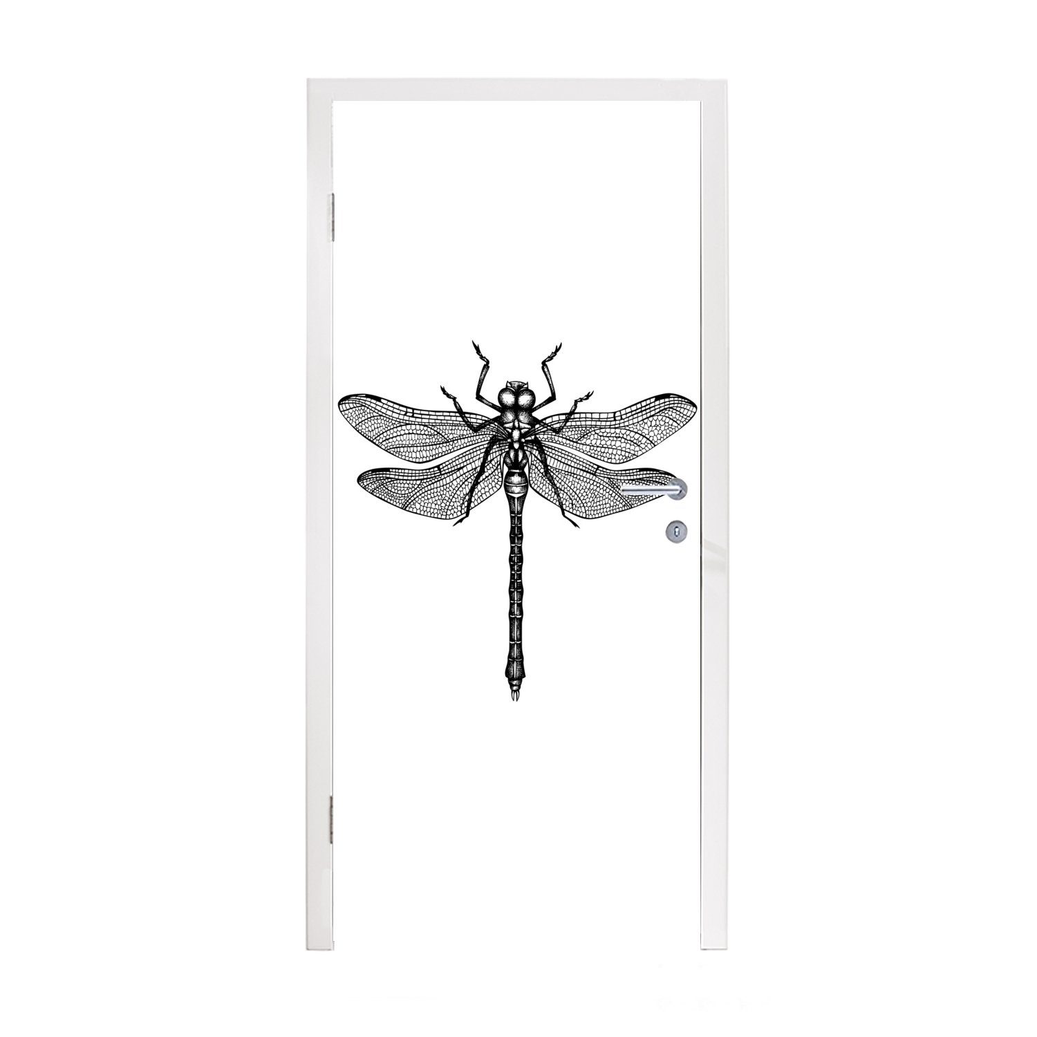 MuchoWow Türtapete Libelle - Insekten - Retro - Schwarz und weiß, Matt, bedruckt, (1 St), Fototapete für Tür, Türaufkleber, 75x205 cm