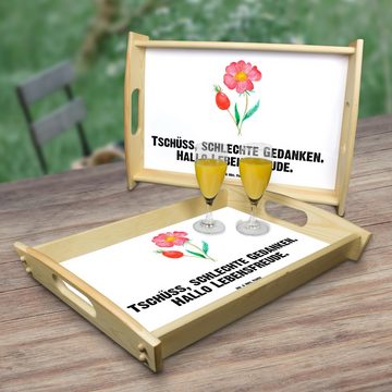 Mr. & Mrs. Panda Tablett Blume Hagebutte - Weiß - Geschenk, Blumen, Lebensfreude, Frühstücksta, Echtholz lasiert, (1-tlg), Anti-Rutsch Pads