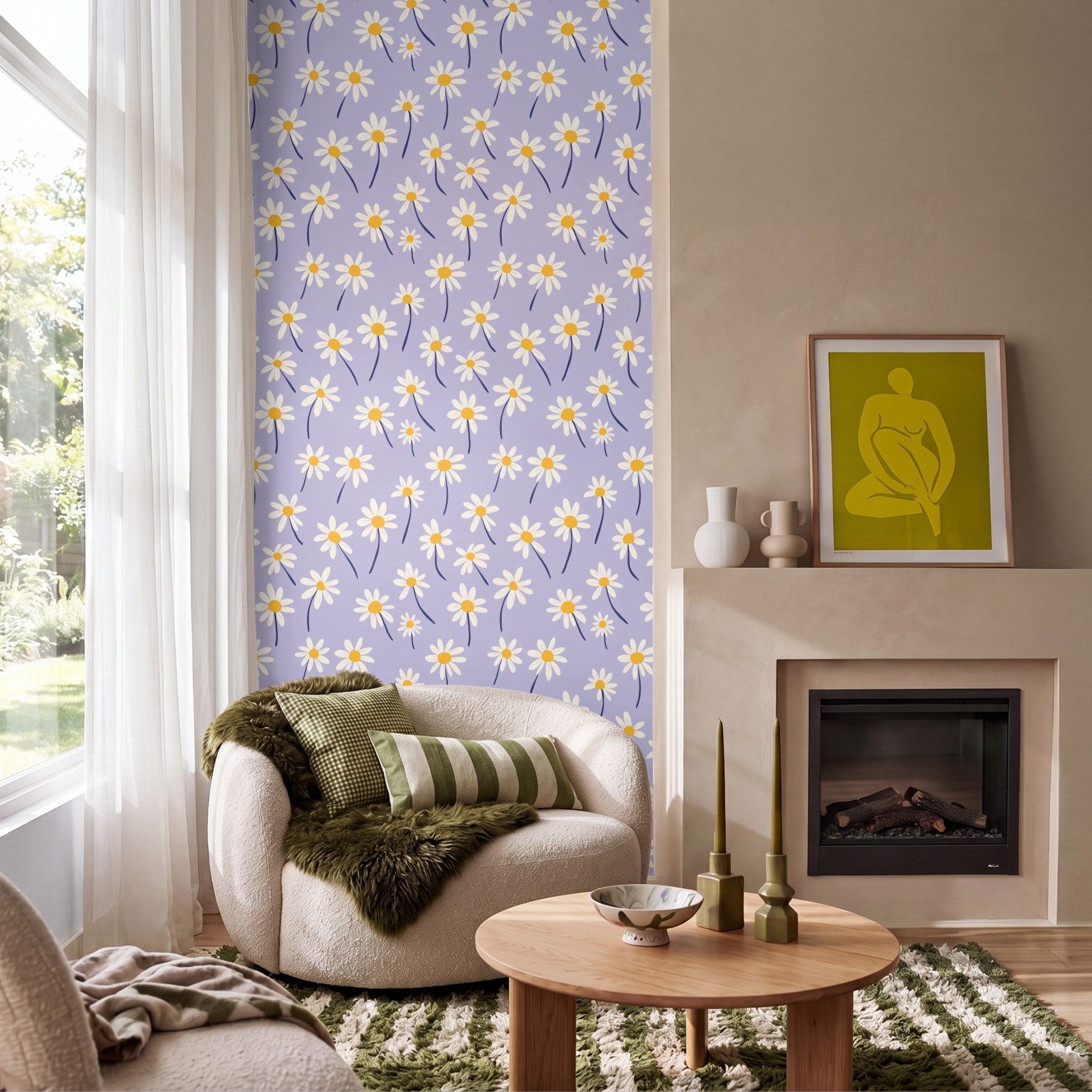 OnlyWow Fototapete Modern - Gänseblümchen - Lila, Matt, bedruckt, Wandtapete, Küche, bedruckt 120x220cm