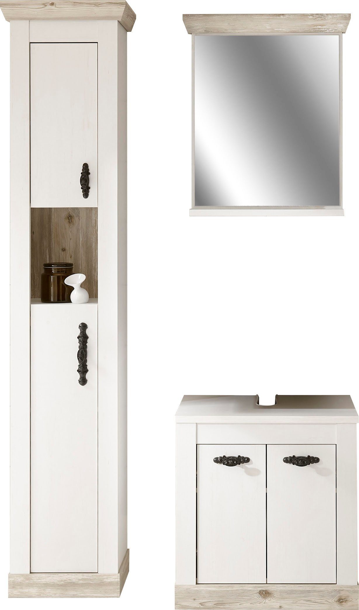 Home affaire Badmöbel-Set Florenz, Bad im Landhausstil, 3-teiliges Badezimmer, (3-St), Waschbeckenunterschrank, Schrank und Spiegel, in Pinie Weiß, Stauraum