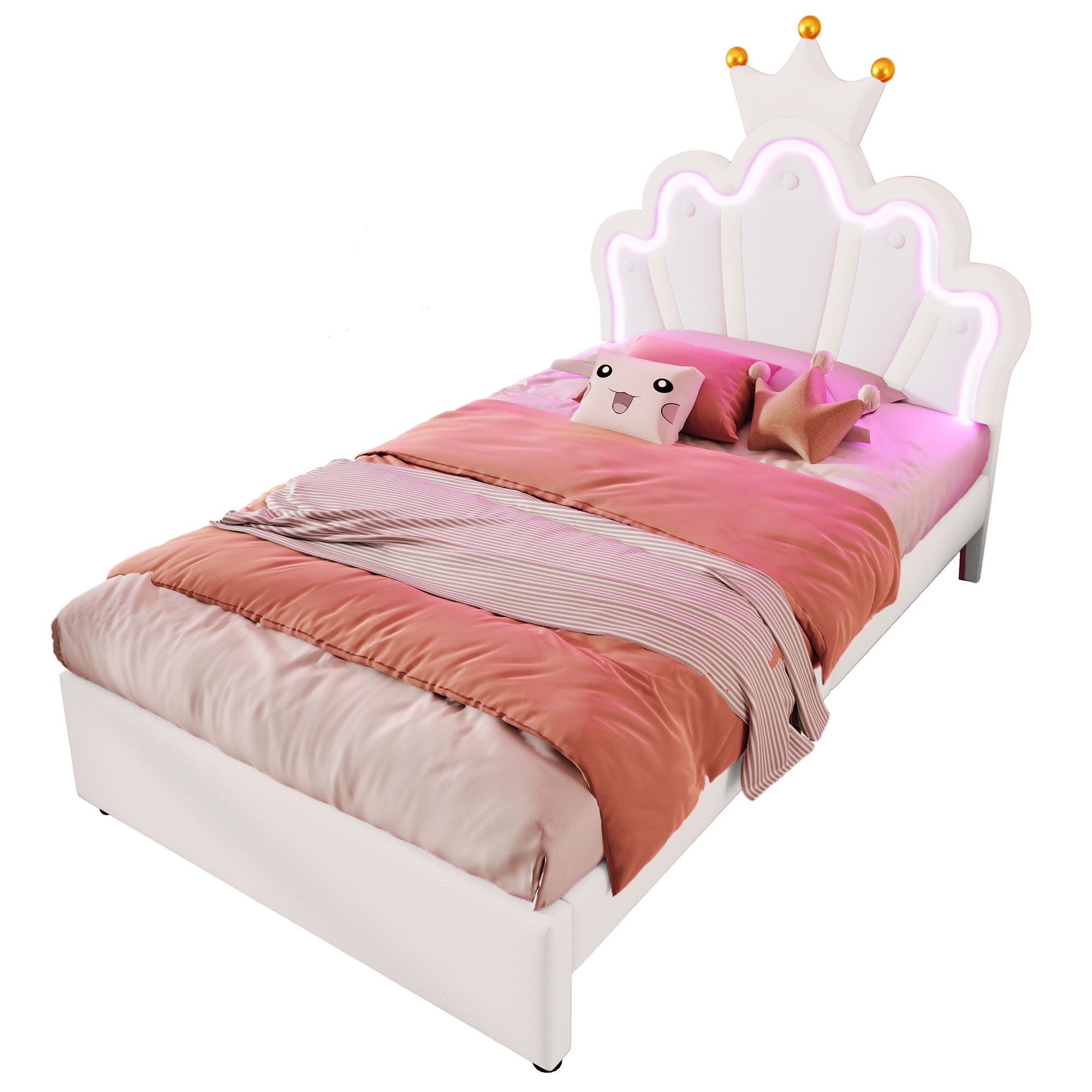 Kinderbett Polsterbett Prinzessinnenbett mit Kronenform, 2 Schubladen