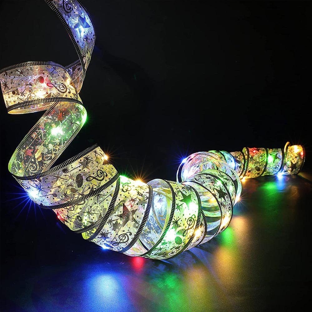 MUPOO LED-Lichterkette LED Seidenband Geschenkband LED Band Weihnachtslichter Schleifenband, 20/40/50 LEDs 2/4/5m Batterie,Sichere Schutzkleinspannung,Gold/Sliver Gold (Mehrfarbig)