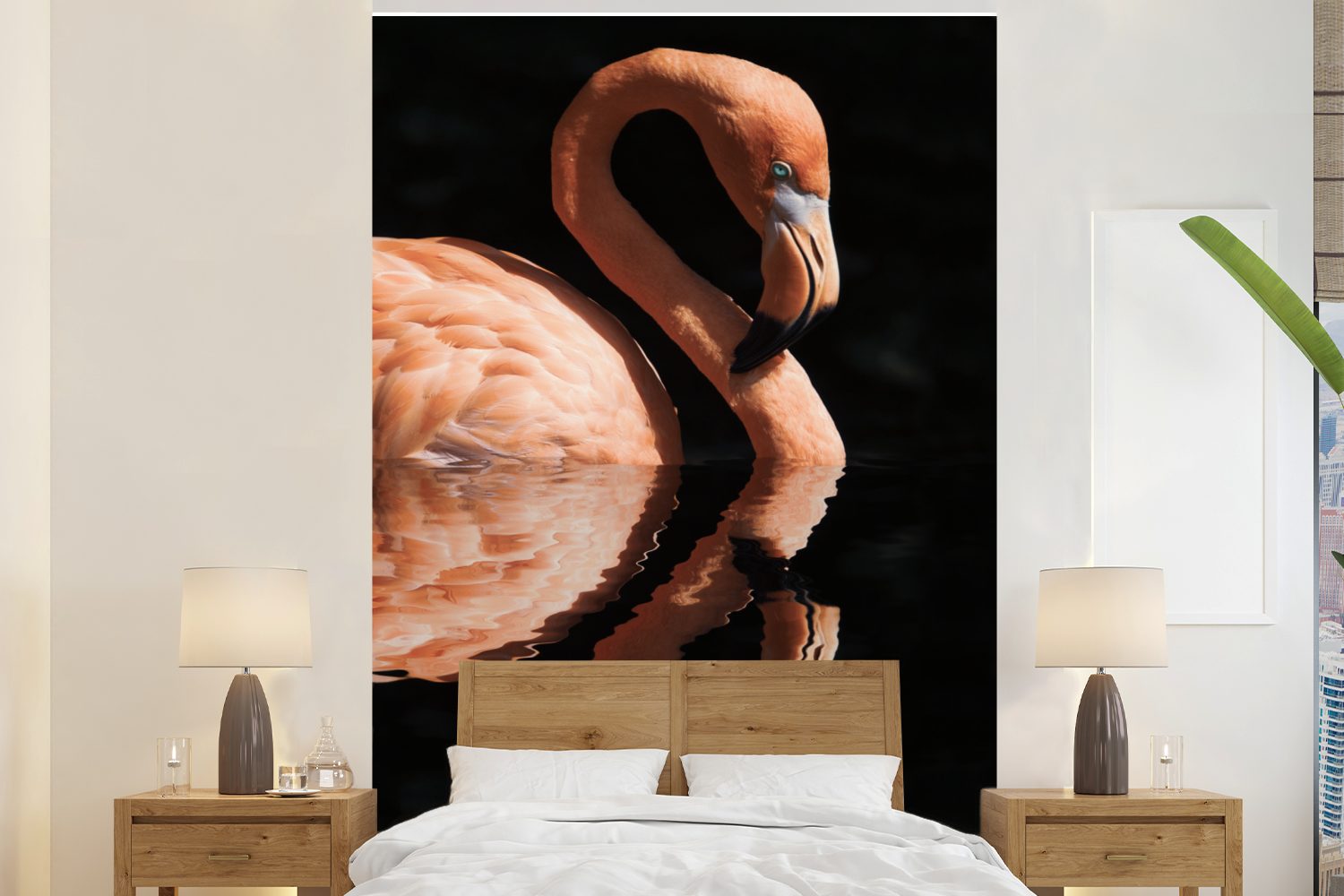 MuchoWow Fototapete Flamingo - Wasser - Rosa, Matt, bedruckt, (3 St), Montagefertig Vinyl Tapete für Wohnzimmer, Wandtapete
