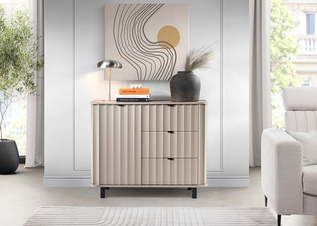 Beautysofa Kommode NEVADA NO‑3 – 3 Schubladen + Tür, MDF-Fronten mit Fräsung, Metallfüße - in Weiß oder Grau