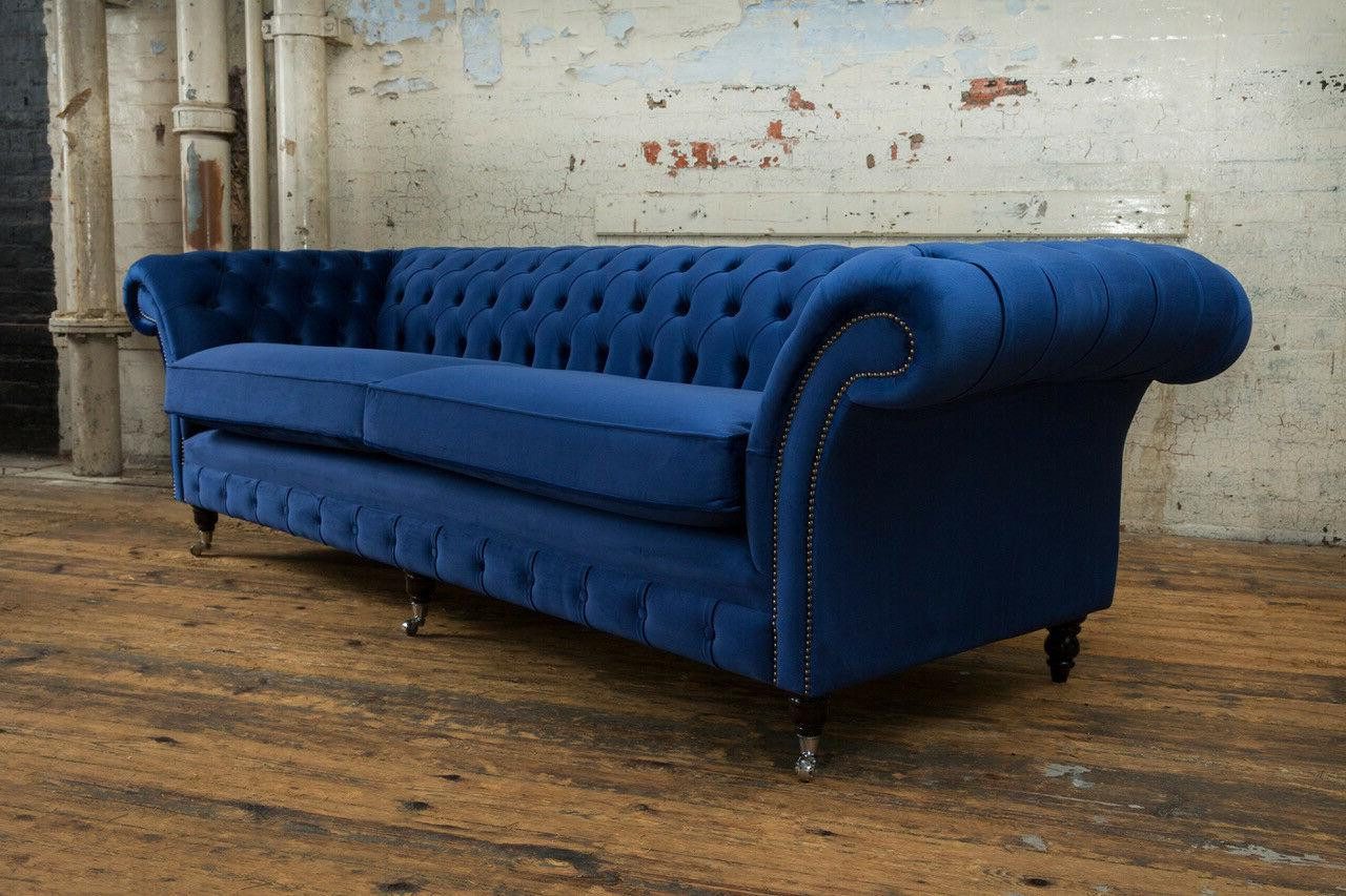 Xlmoebel Chesterfield-Sofa Traditionelle Chesterfield 4-Sitzer Couch aus Samtleder in Blau mit, Hergestellt in Europa