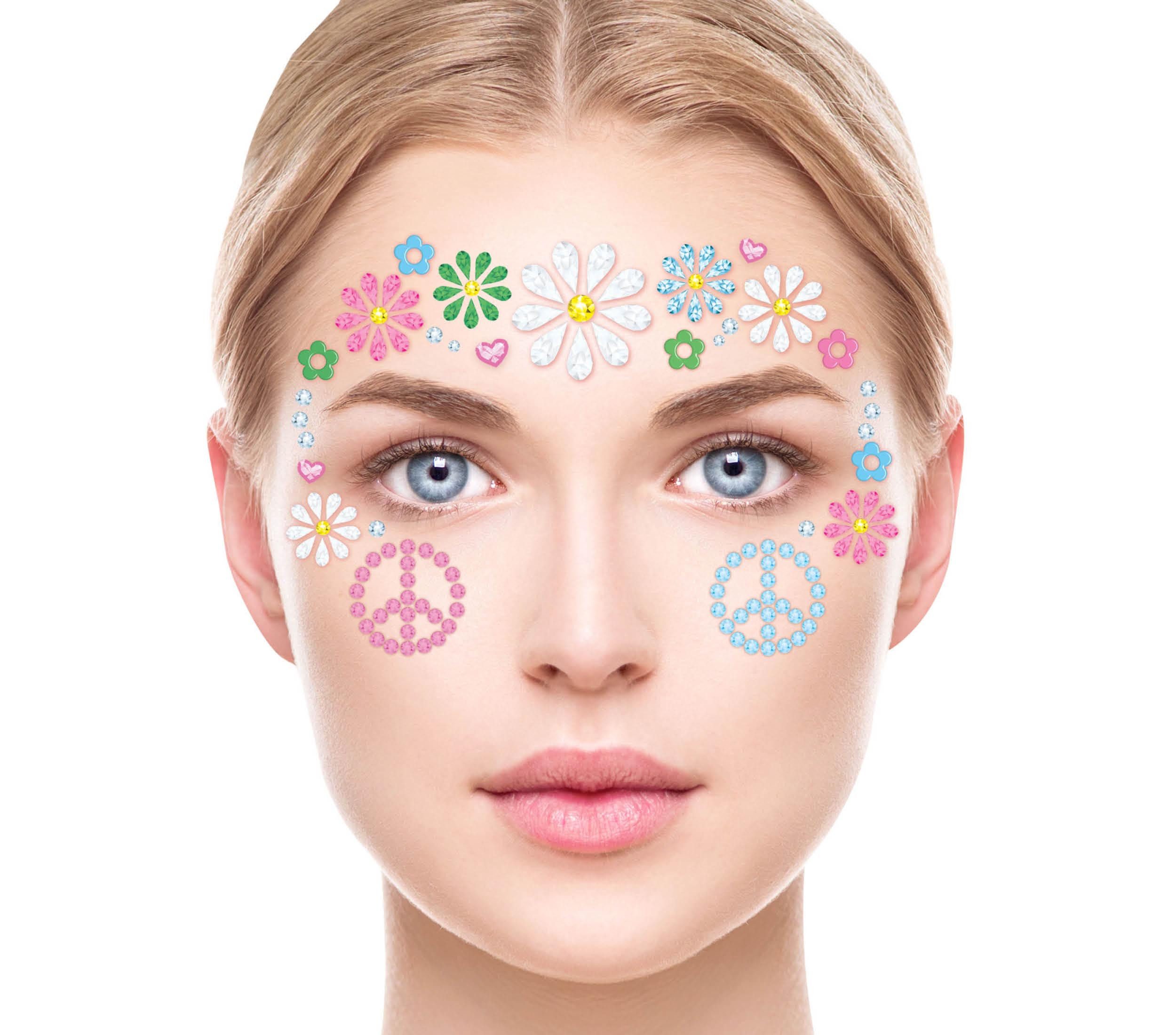 Fiestas Guirca Kostüm, Hippie Festival Strass Gesichtsschmuck Blumen Boho Peace Karneval Part