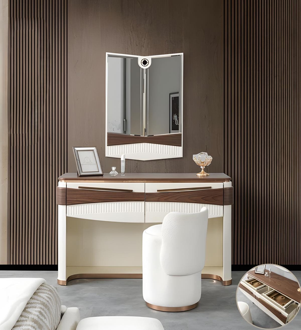 JVmoebel Schminktisch Weißer Designer Schminktisch mit Spiegel und Polsterhocker (3-St)