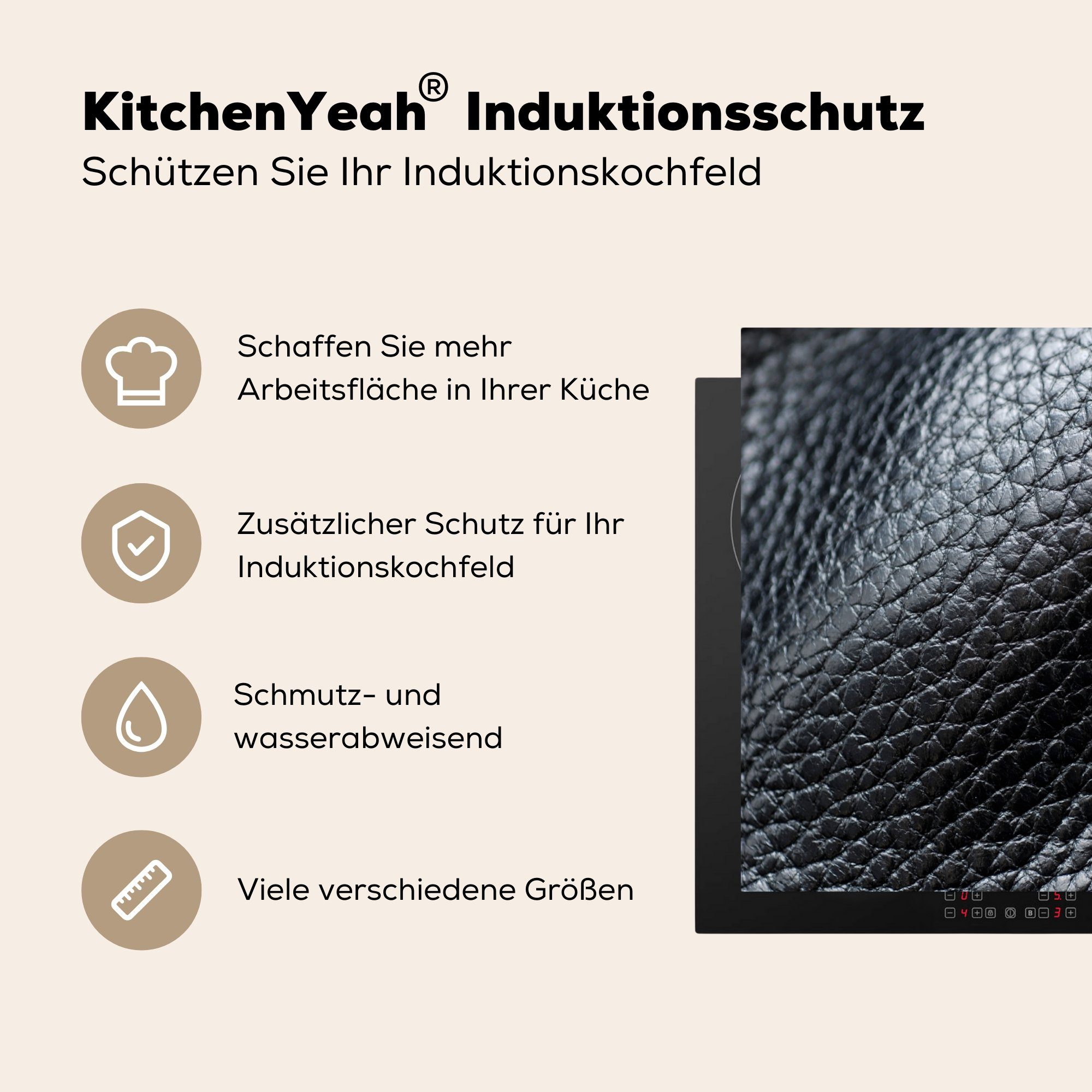 (1 57x51 Schwarz Induktionskochfeld, cm, - Herdblende-/Abdeckplatte Induktionsschutz, Hell, tlg), MuchoWow Ceranfeldabdeckung Leder - Textur - Vinyl,