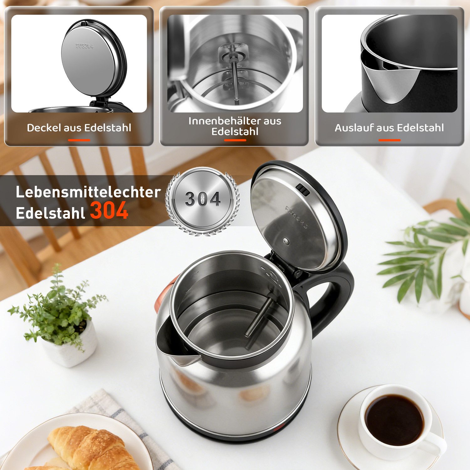 CkeyiN Pro Wasserkocher 304 Edelstahl,2L,Echtzeit-Thermometer,360°-Basis, 1500 W, Überhitzungsschutz, Trockengehschutz,Sprungdeckel,Leuchtanzeige – Bild 3 von 5