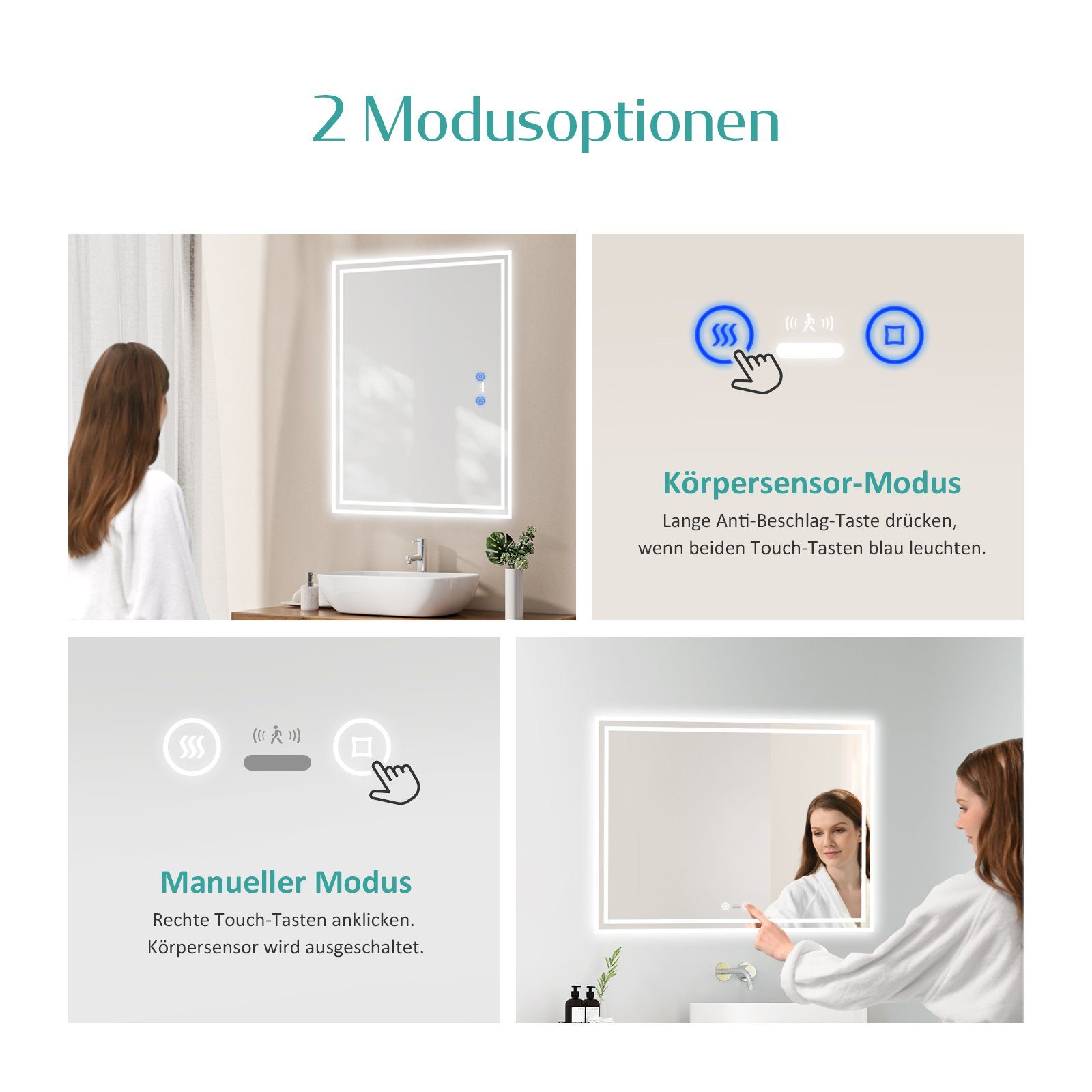 EMKE Badspiegel LED Bewegungssensor 6500K Wandspiegel mit Beleuchtung Beschalgfrei (Touch-Schalter), Antibeschlag, Dimmbar und 3 Lichtfarben IP44