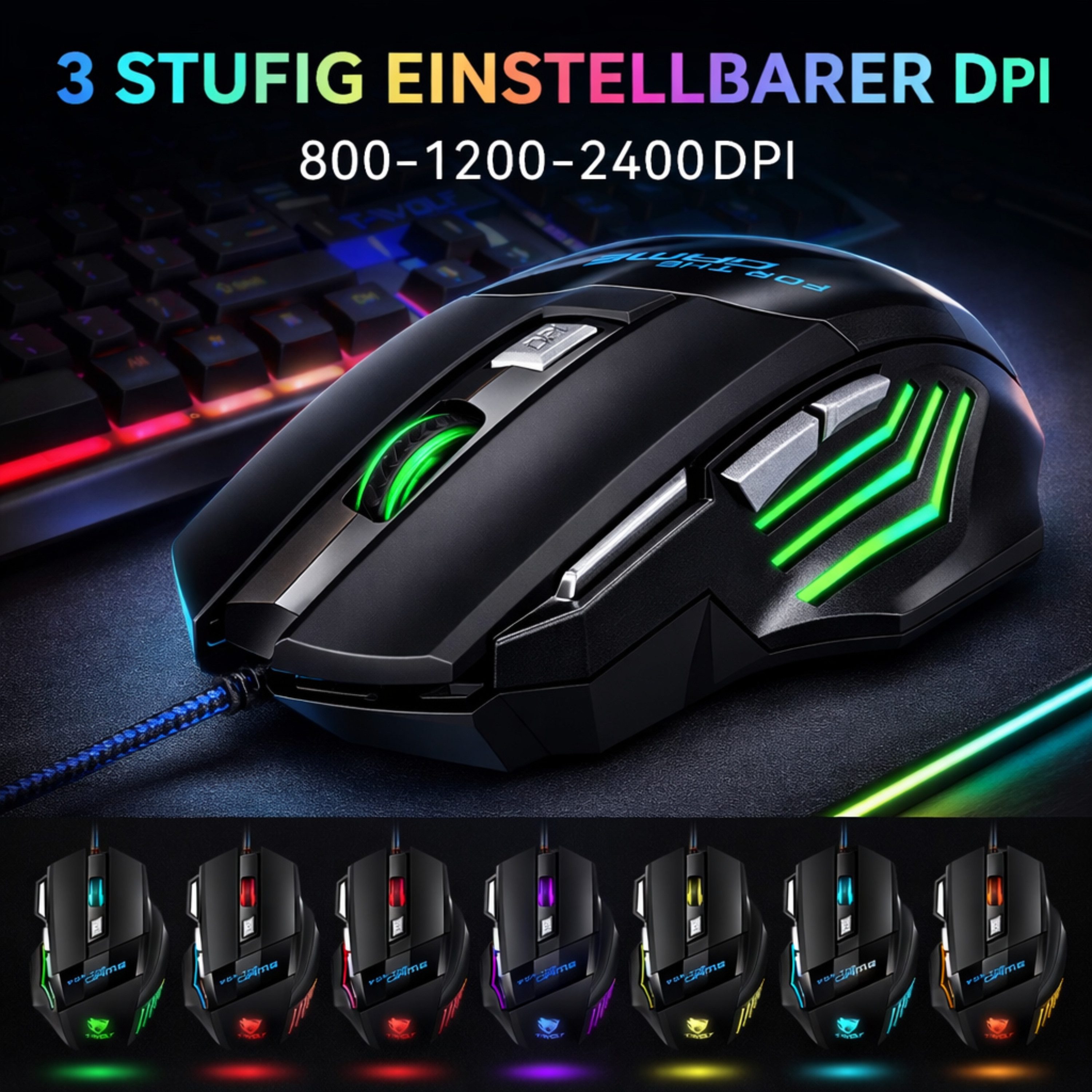 StellarLuma RGB Gaming Maus Kabelgebunden Schwarz Gaming-Maus (kabelgebunden, Plug & Play, 2400 dpi, Beleuchtung Computer Maus für PC Mac Laptop Mouse Ohne Treiber USB-A)