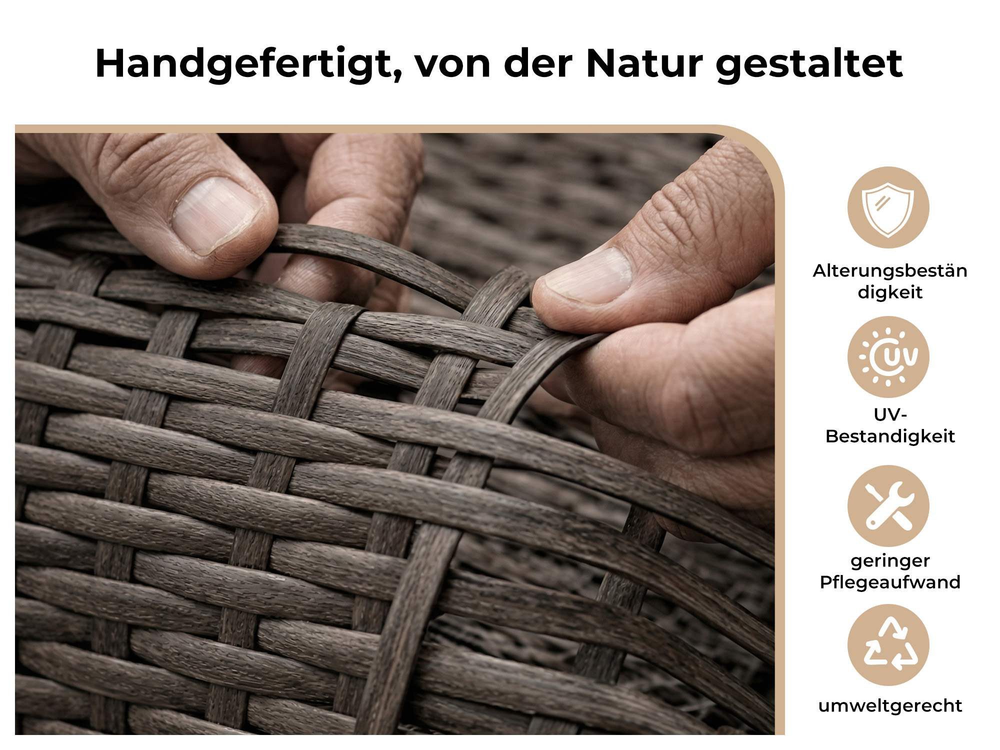 MeXo Gartenlounge-Set Poly-Rattan Gartenmöbel Set, (Balkonmöbel für kleinen Balkon, 4-tlg., 2-Sitzer Sofa, 2 Sessel & Tisch mit Stauraum), wetterfest & handgeflochten