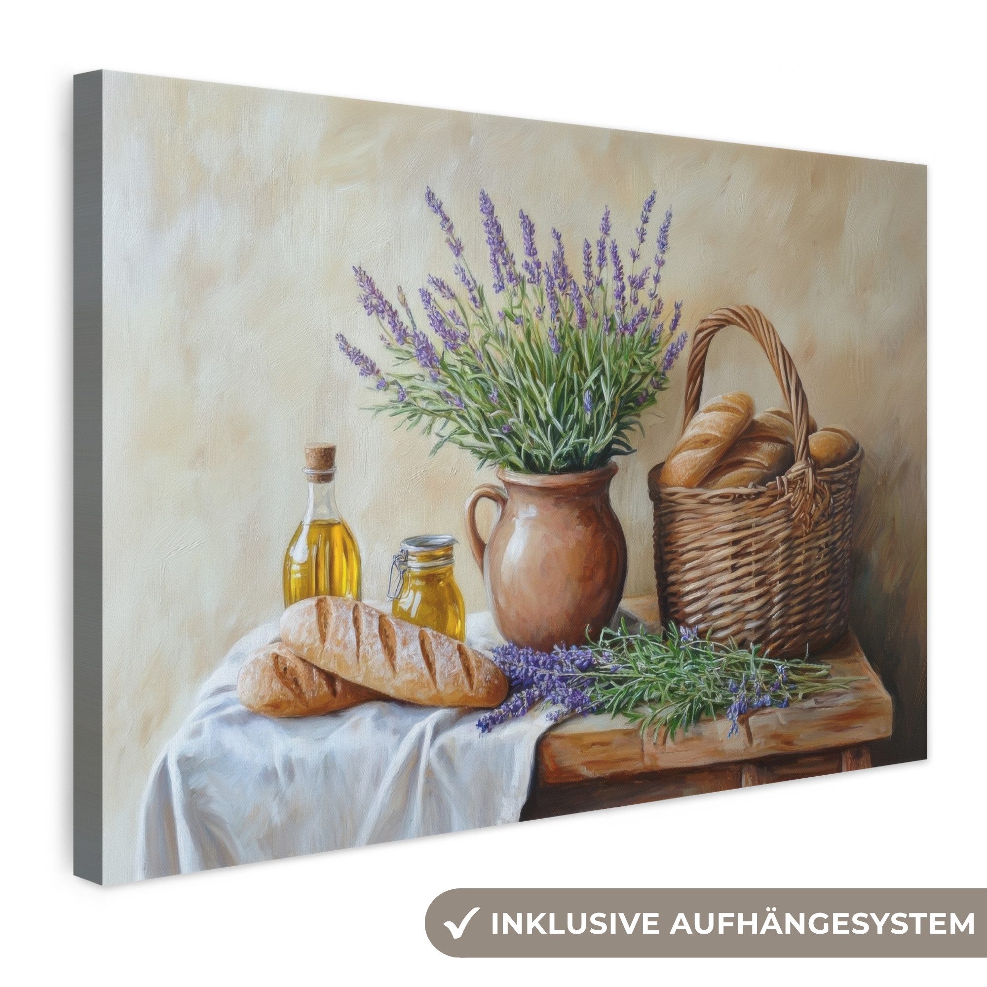 OneMillionCanvasses® Leinwandbild Lavendel - Brot - Stilleben, Fotodruck (1 St), Leinwand Bilder Klein, Wand Dekoration Aesthetic 30x20 cm