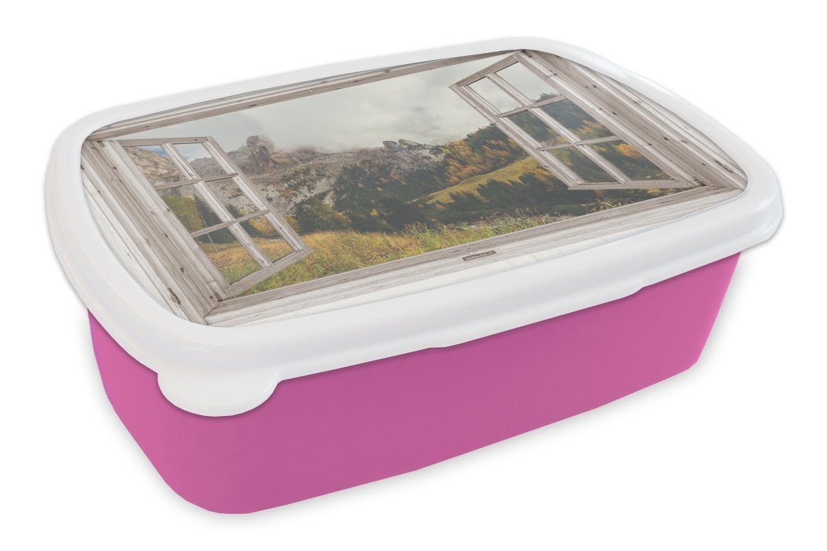 MuchoWow Lunchbox Aussicht - Wald - Herbst, Kunststoff, (2-tlg), Brotbox für Erwachsene, Brotdose Kinder, Snackbox, Mädchen, Kunststoff rosa
